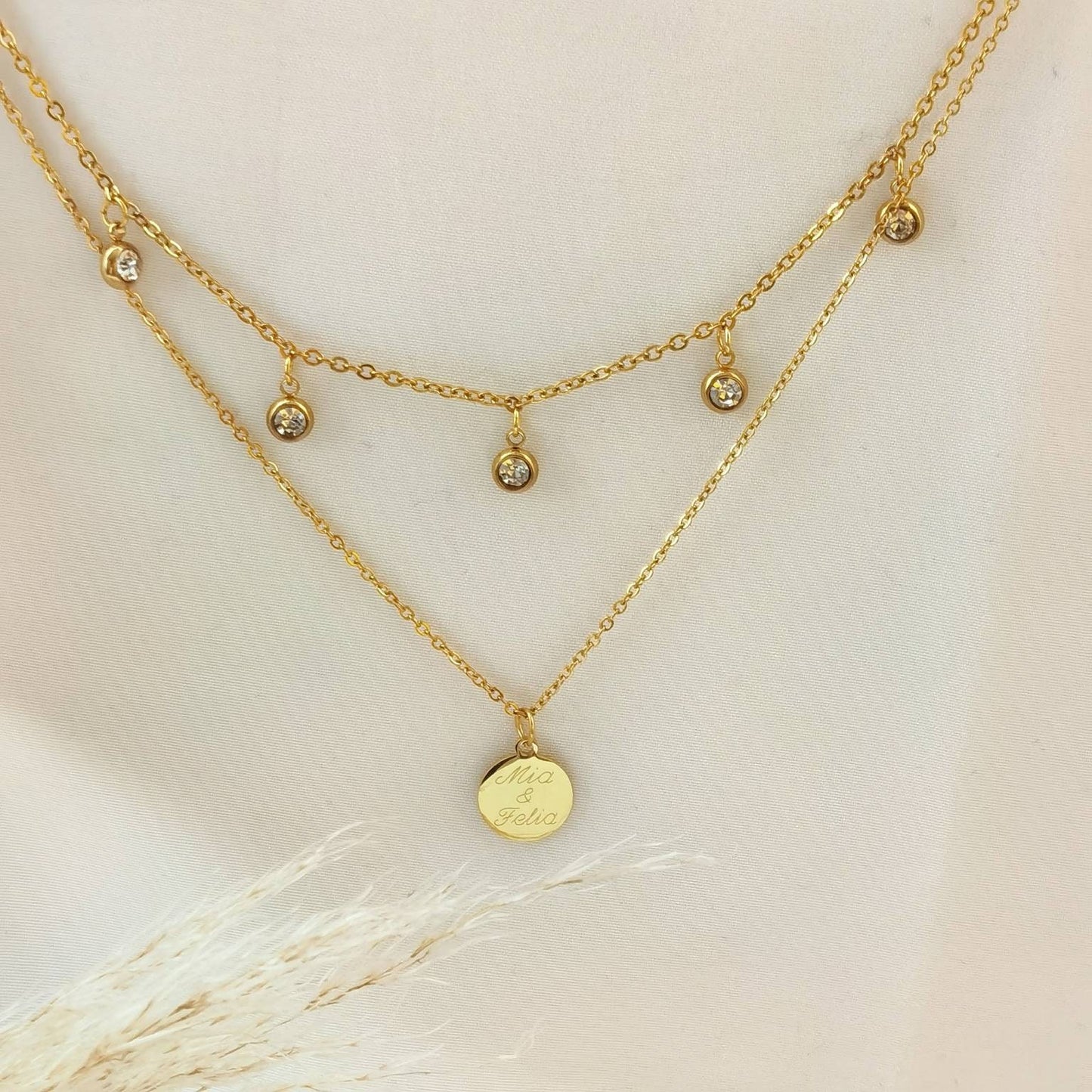Mehrreihige Gravur Kette mit Zirkonia Anhänger in Gold & Silber aus Edelstahl *Halskette mit Buchstaben Plättchen *personalisiertes Geschenk