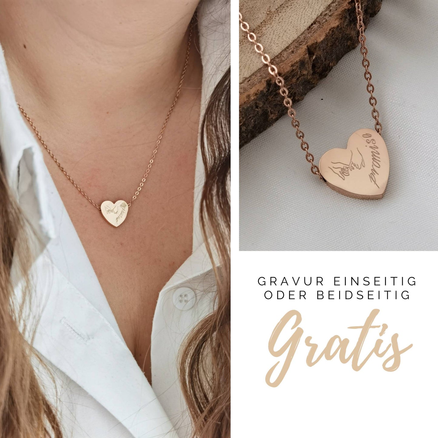 Personalisierte Herz Kette, Gravur Herz Anhänger in Gold, Silber und Rosé aus Edelstahl, Personalisiertes Geschenk Frau Weihnachten