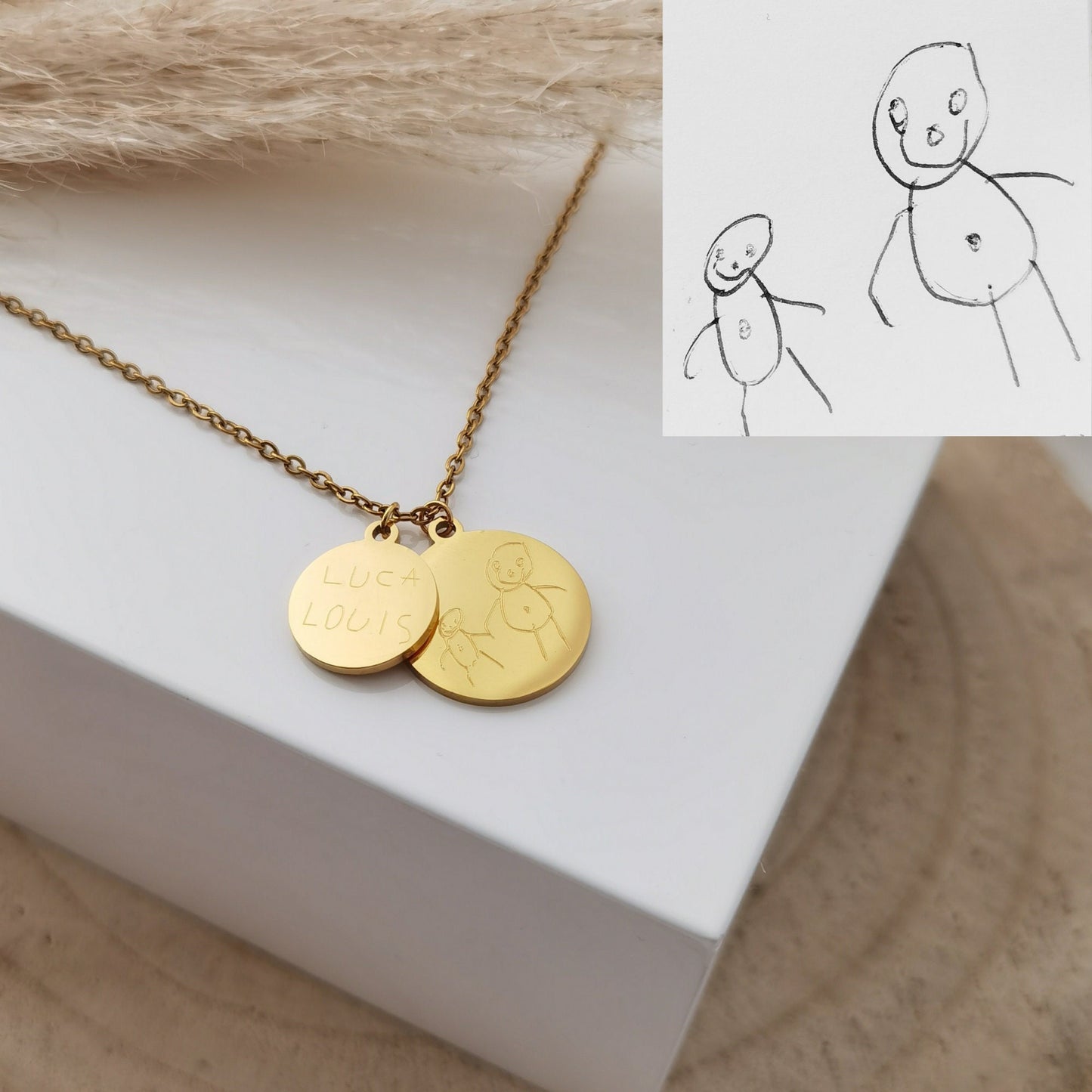 Personalisierte Kette mit gravierter Kinderzeichnung, Gravur Plättchen in Gold, Silber oder Rosé, personalisiertes Geschenk Mama