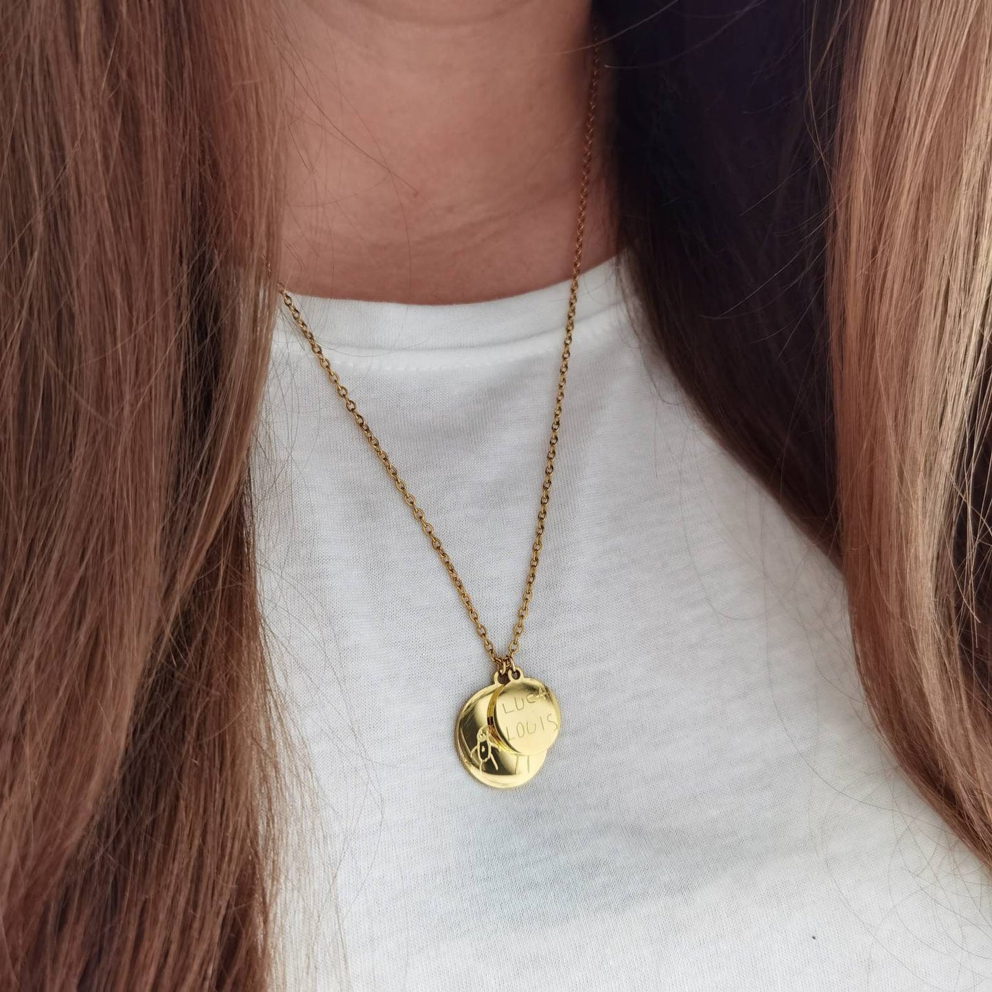 Personalisierte Kette mit gravierter Kinderzeichnung, Gravur Plättchen in Gold, Silber oder Rosé, personalisiertes Geschenk Mama