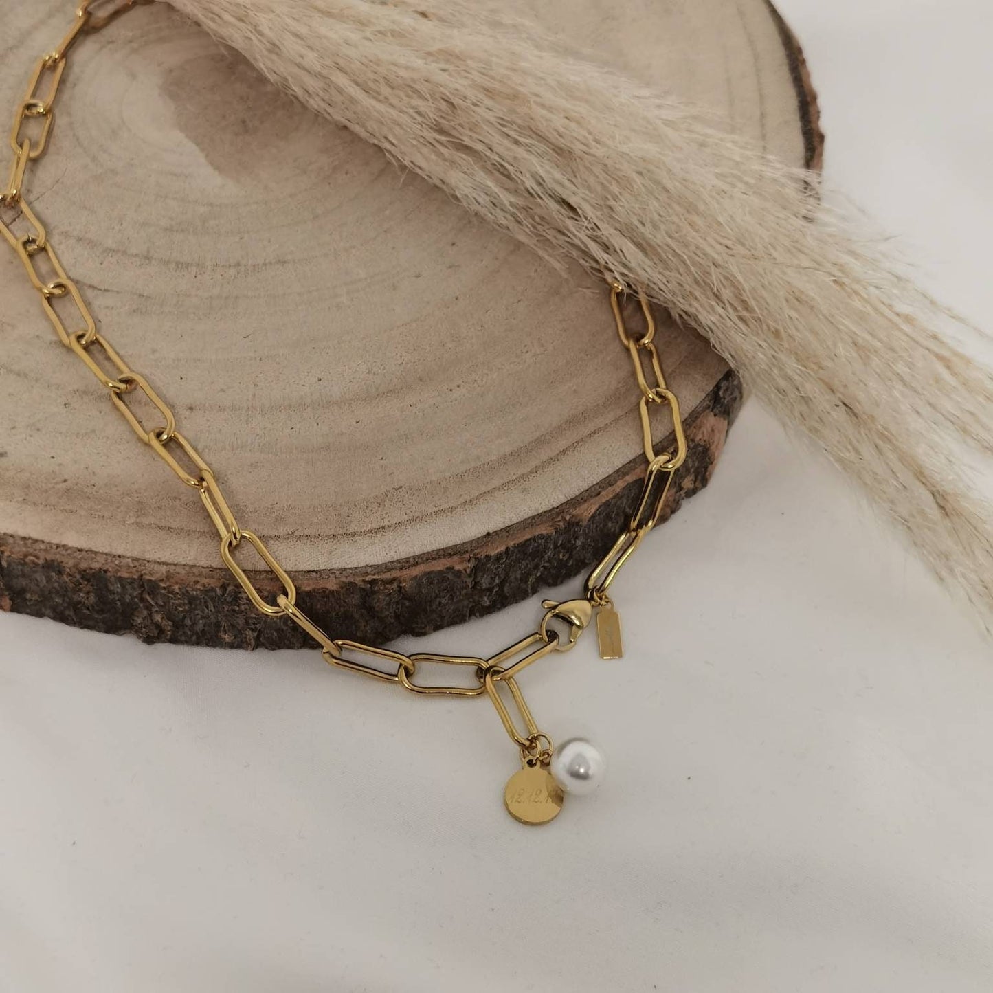 Grobe Gliederkette in Gold oder Silber aus Edelstahl mit einem Perlen Anhänger oder einem personalisierten Gravur Plättchen, Geschenk