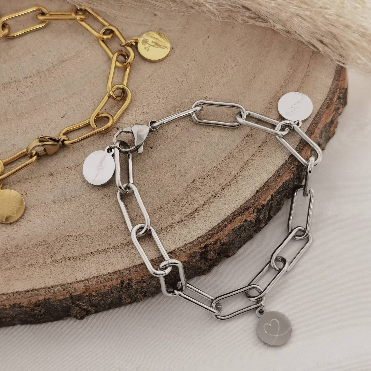Grobes Gliederarmband mit personalisierten Plättchen Anhängern in Gold oder Silber aus Edelstahl, personalisiertes Geschenk, Namensgravur