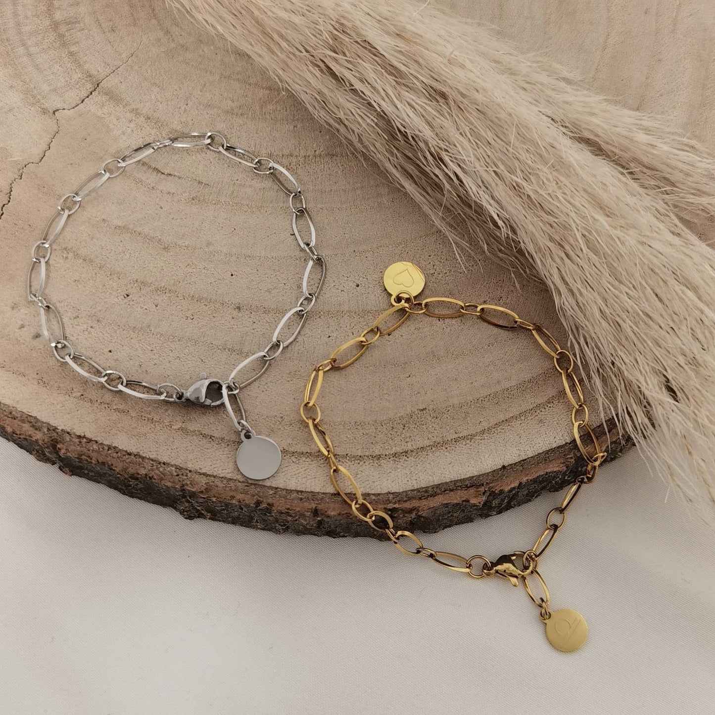 Grobes Glieder Armband Gold + Silber Edelstahl mit personalisiertem Gravur Plättchen,Armkette personalisierbar mit Buchstaben als Geschenk