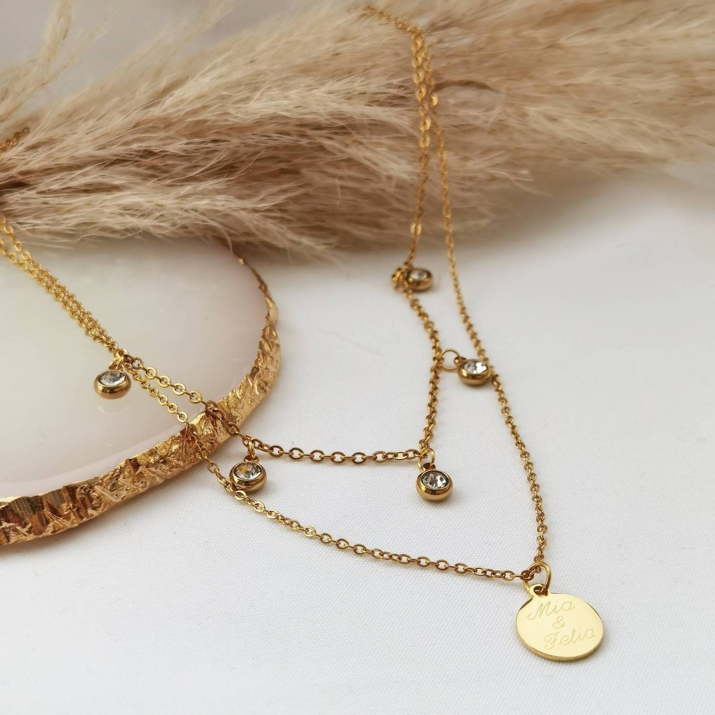 Mehrreihige Gravur Kette mit Zirkonia Anhänger in Gold & Silber aus Edelstahl *Halskette mit Buchstaben Plättchen *personalisiertes Geschenk