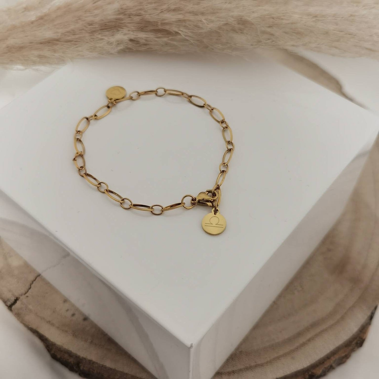 Grobes Glieder Armband Gold + Silber Edelstahl mit personalisiertem Gravur Plättchen,Armkette personalisierbar mit Buchstaben als Geschenk