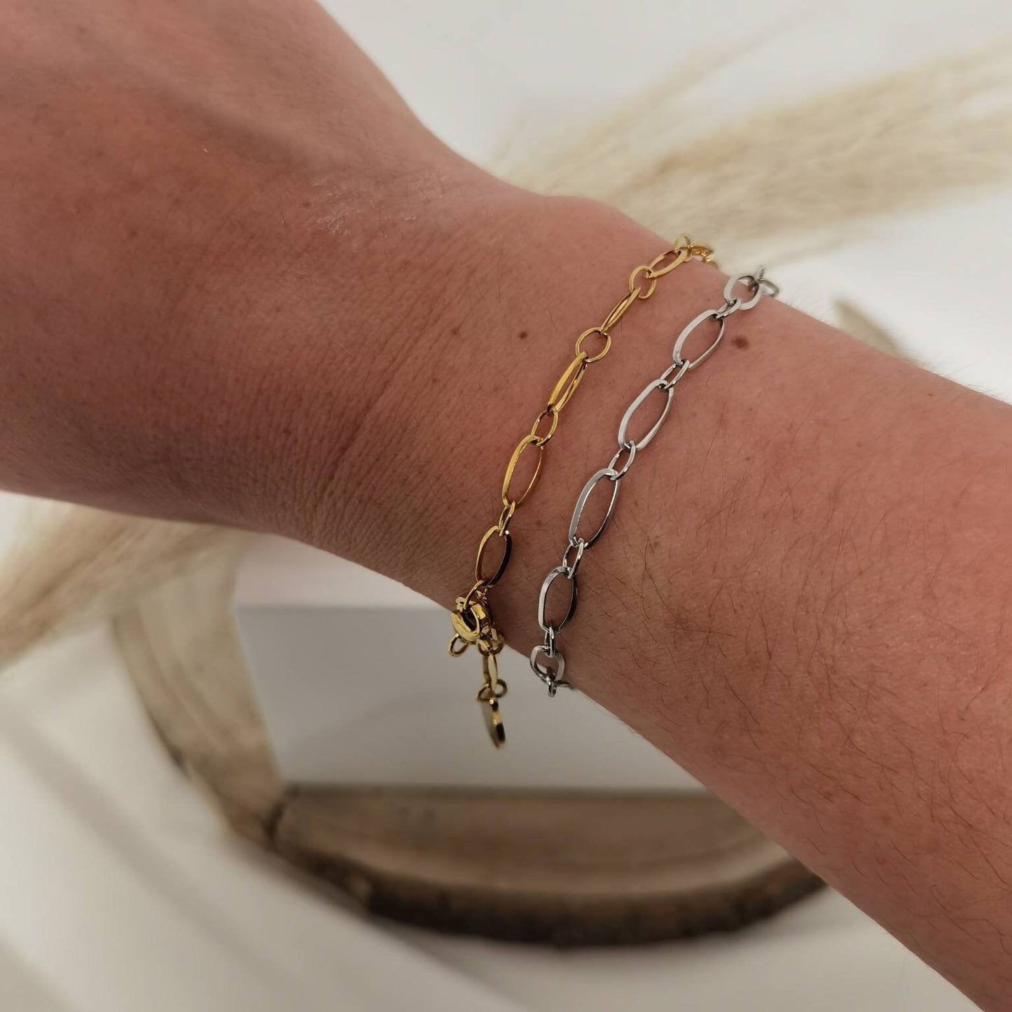 Grobes Glieder Armband Gold + Silber Edelstahl mit personalisiertem Gravur Plättchen,Armkette personalisierbar mit Buchstaben als Geschenk