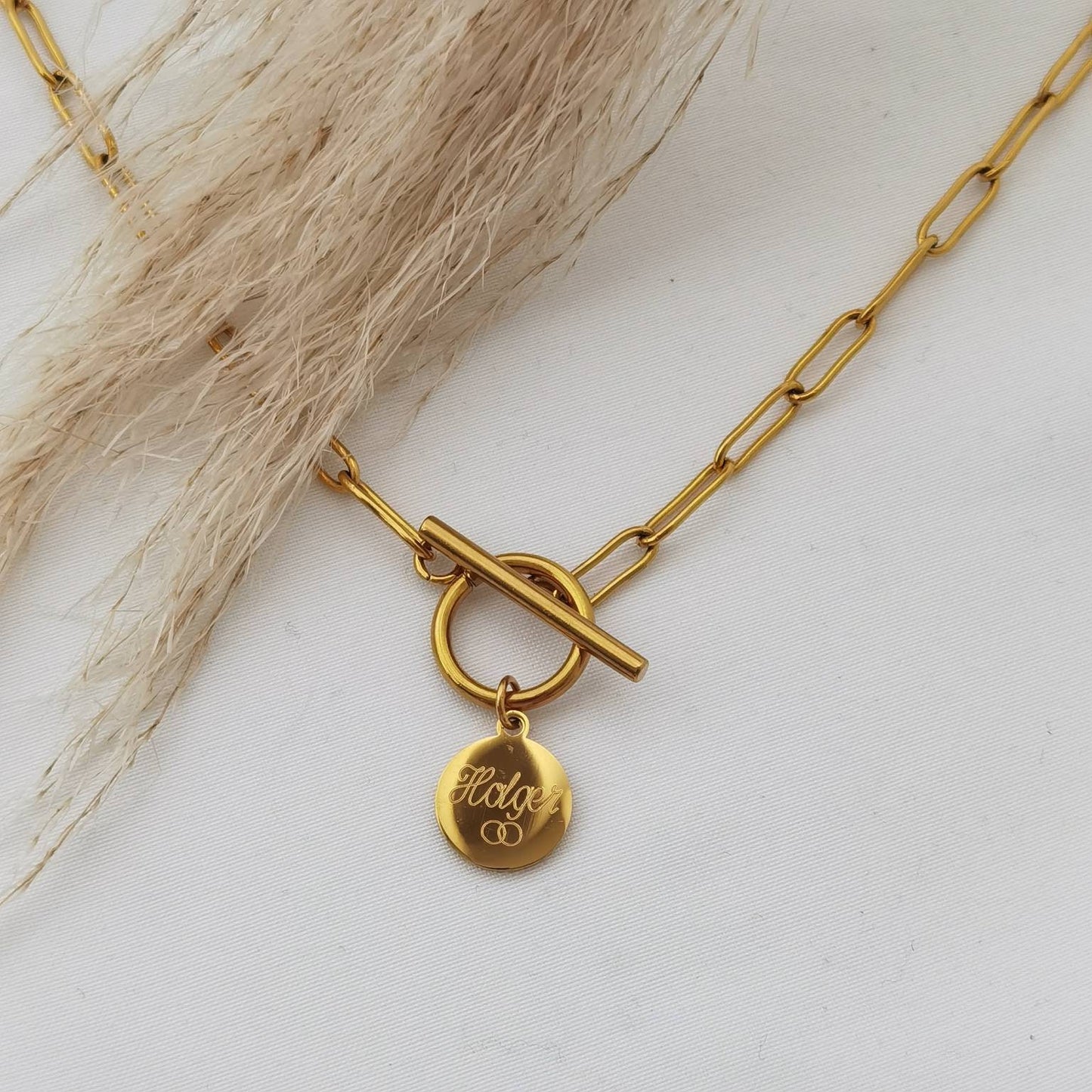 Personalisierte Kette mit Knebelverschluss und 12mm Gravur Plättchen in Gold, Rosé oder Silber aus Edelstahl, personalisiertes Geschenk