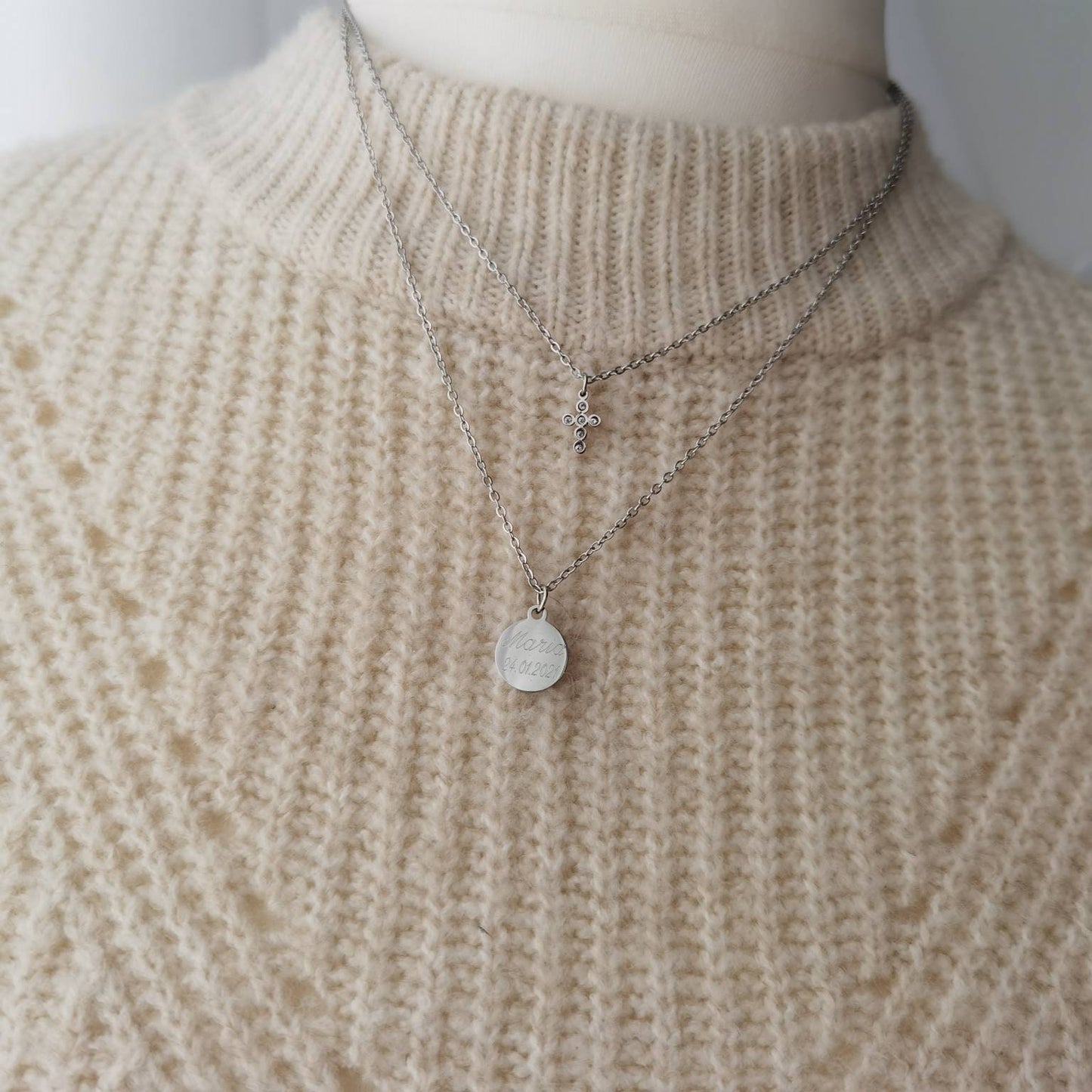 Mehrreihige, personalisierte Plättchen Kette mit Zirkonia Kreuz in Gold & Silber aus Edelstahl, personalisiertes Geschenk Taufe