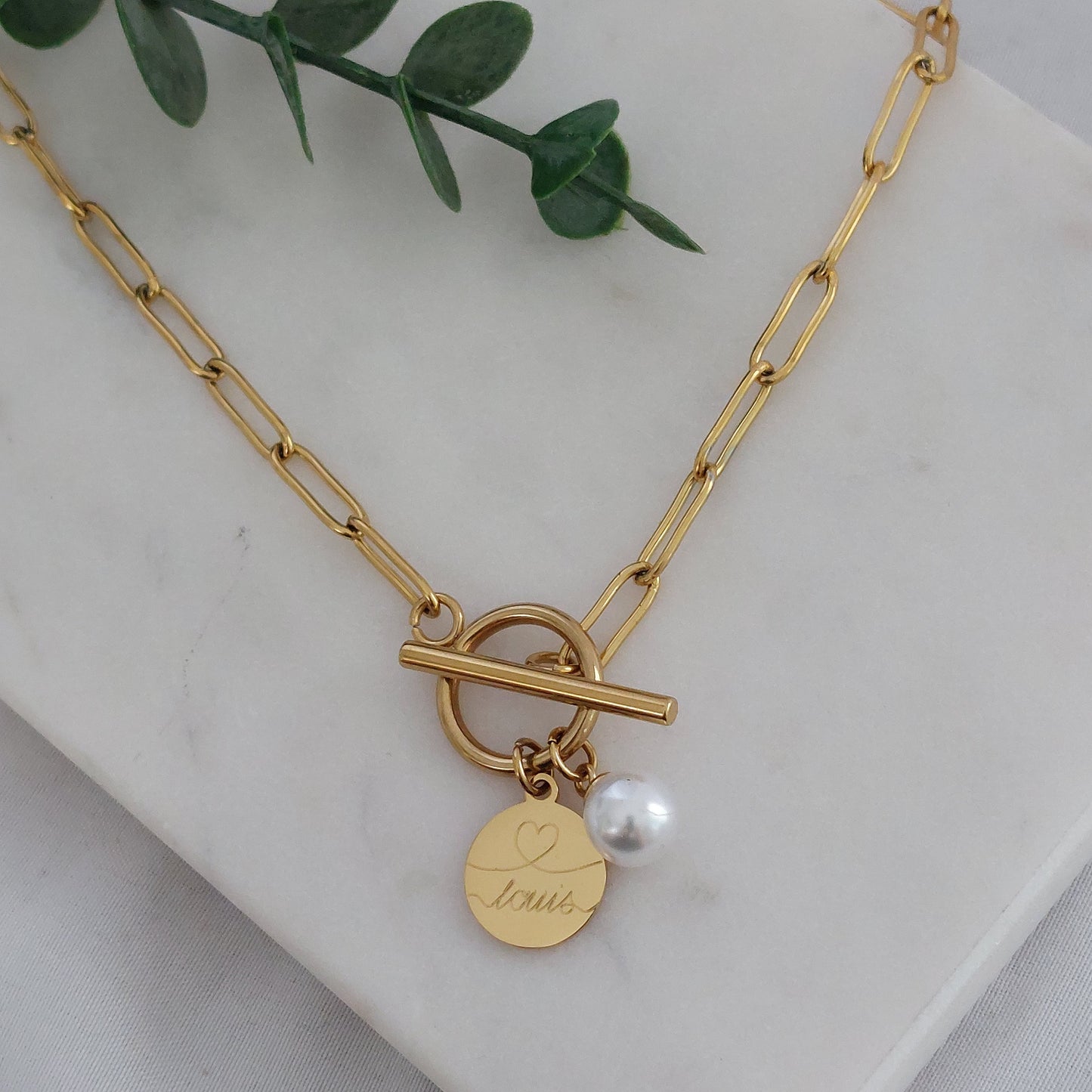 Grobe Gliederkette mit Knebelverschluss, Perle oder personalisiertem Plättchen in Gold oder Silber aus Edelstahl, Geschenk personalisiert