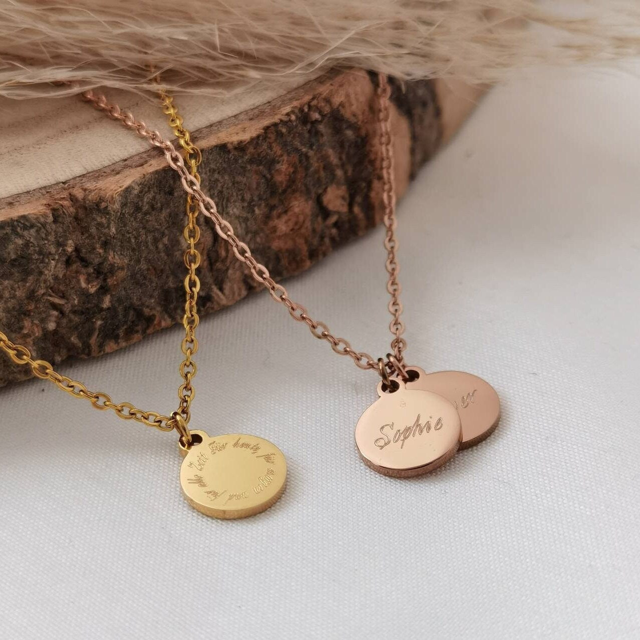 Plättchen Kette personalisiert in Gold, Silber & Rosé mit Gravur Anhänger 10mm, personalisierte Namens Kette, personalisiertes Geschenk