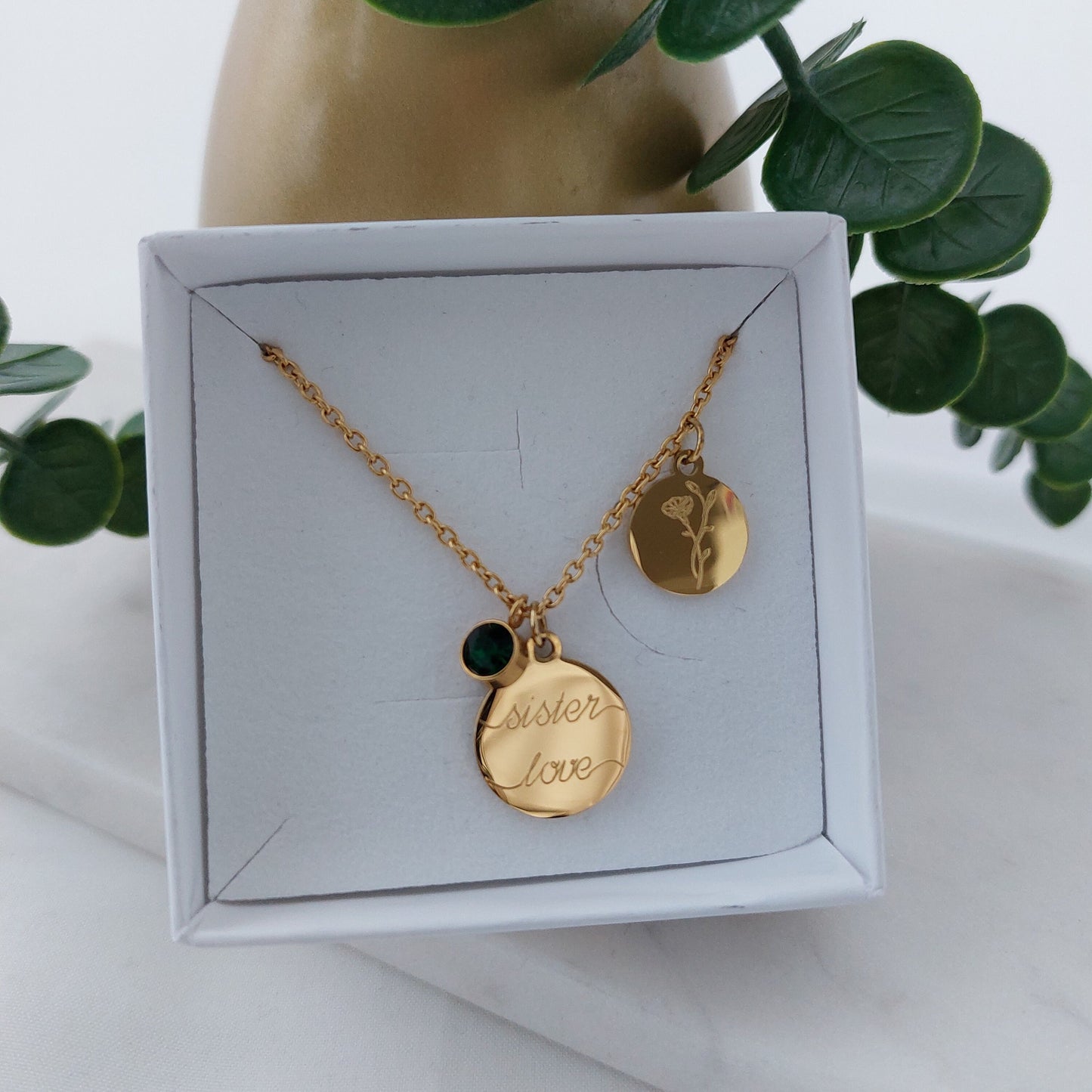 Personalisierte Geburtsstein Kette mit 15mm & 12mm Gravur Plättchen Anhänger in Gold, Silber, Rosé, personalisiertes Geschenk Frau, Freundin