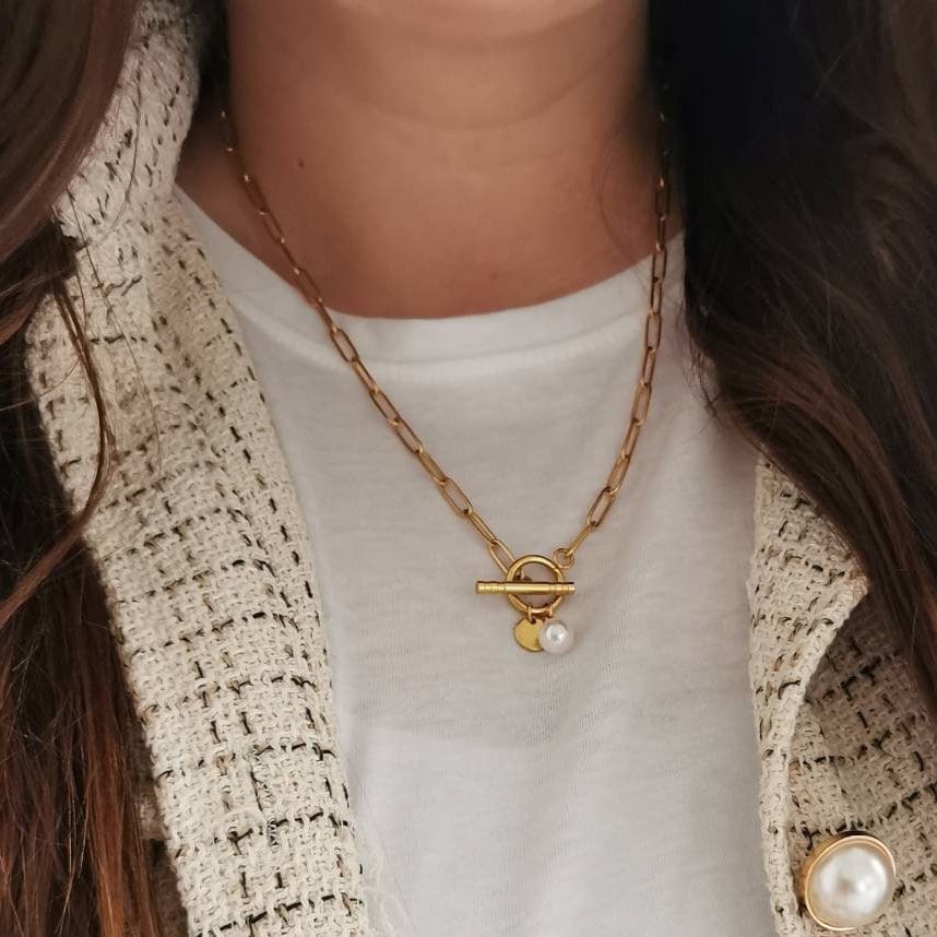 Grobe Gliederkette mit Knebelverschluss, Perle oder personalisiertem Plättchen in Gold oder Silber aus Edelstahl, Geschenk personalisiert