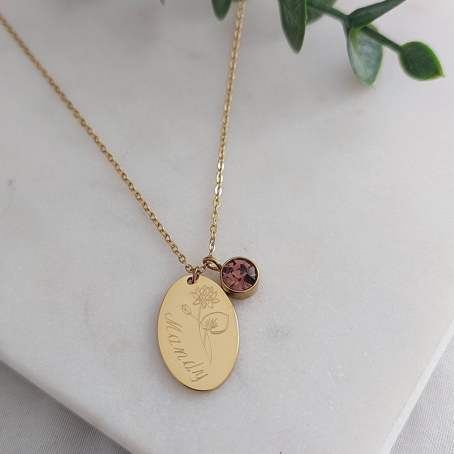 Personalisierte Geburtsstein Kette in Gold, Silber, Rosé mit ovalen 18mm Plättchen Anhängern, personalisiertes Geschenk für Frauen, Freundin