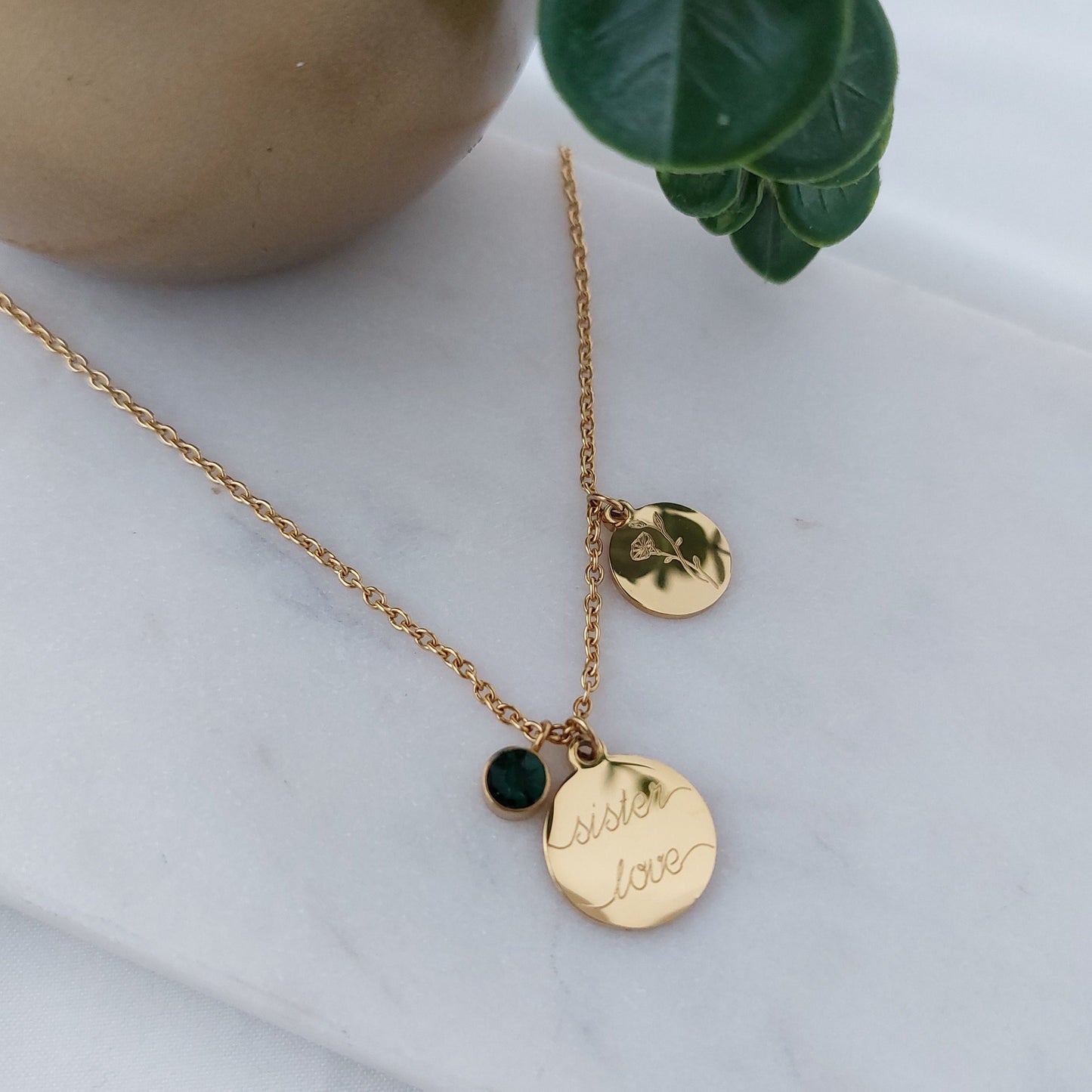 Personalisierte Geburtsstein Kette mit 15mm & 12mm Gravur Plättchen Anhänger in Gold, Silber, Rosé, personalisiertes Geschenk Frau, Freundin