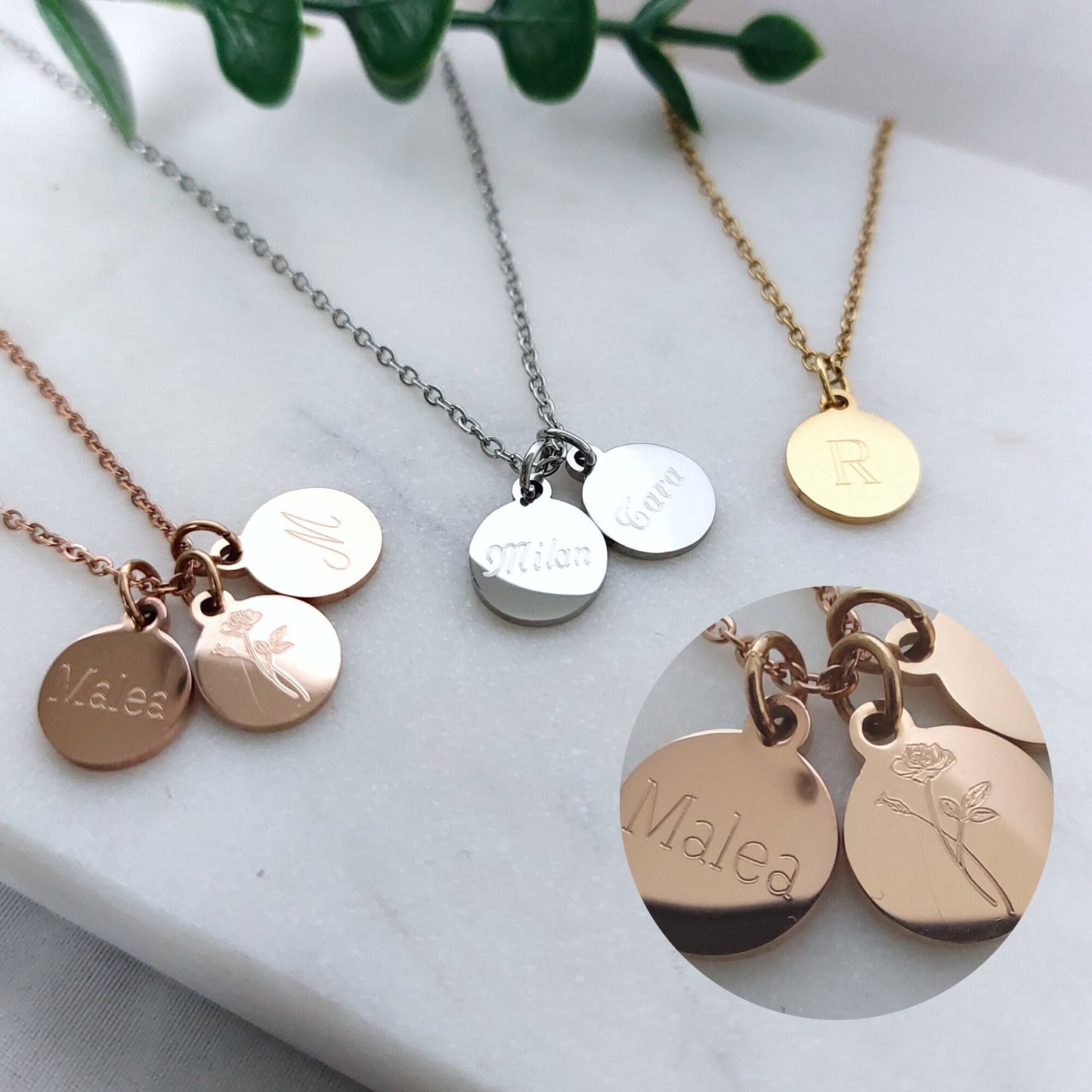 Plättchen Kette personalisiert in Gold, Silber & Rosé mit Gravur Anhänger 10mm, personalisierte Namens Kette, personalisiertes Geschenk