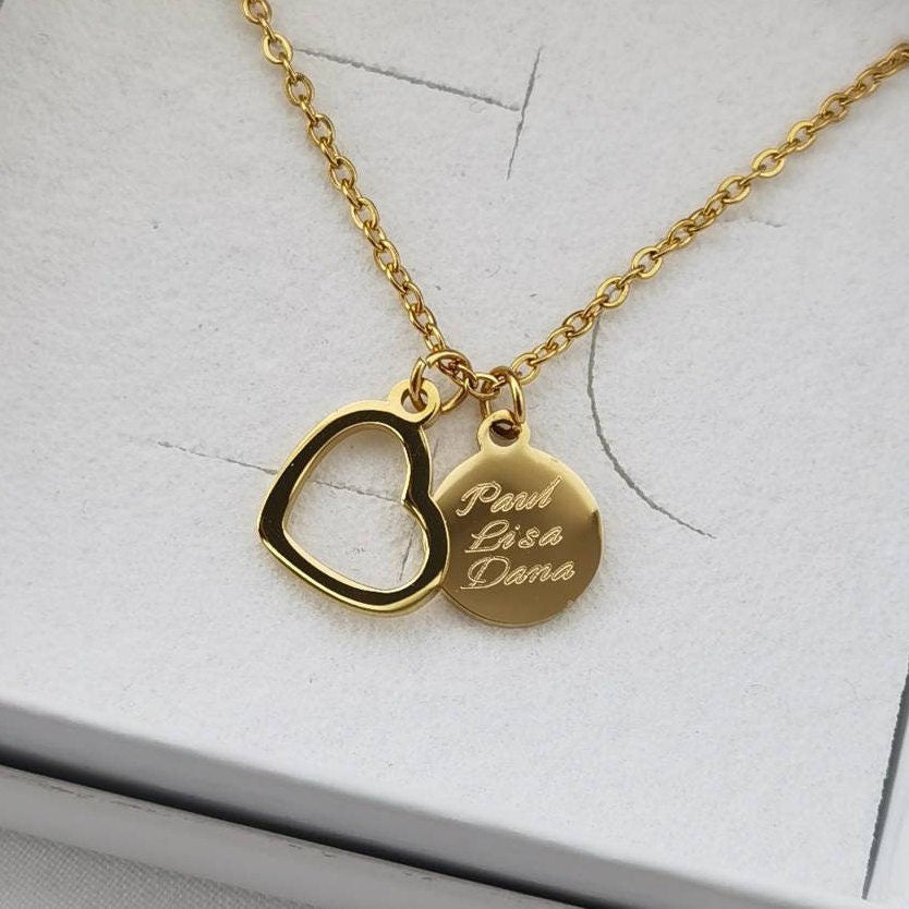 Personalisierte Herz Kette mit Namensgravur, personalisiertes Geschenk für Frauen, Buchstabenkette mit Herzanhänger, Plättchenkette mit Herz