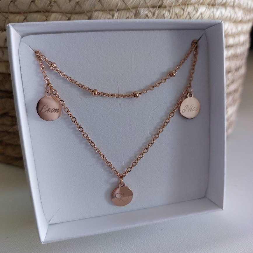 Mehrreihige, personalisierte Plättchen Kette in Gold,Silber & Rosé aus Edelstahl, Personalisiertes Geschenk für Mama, Frauen, Freundin