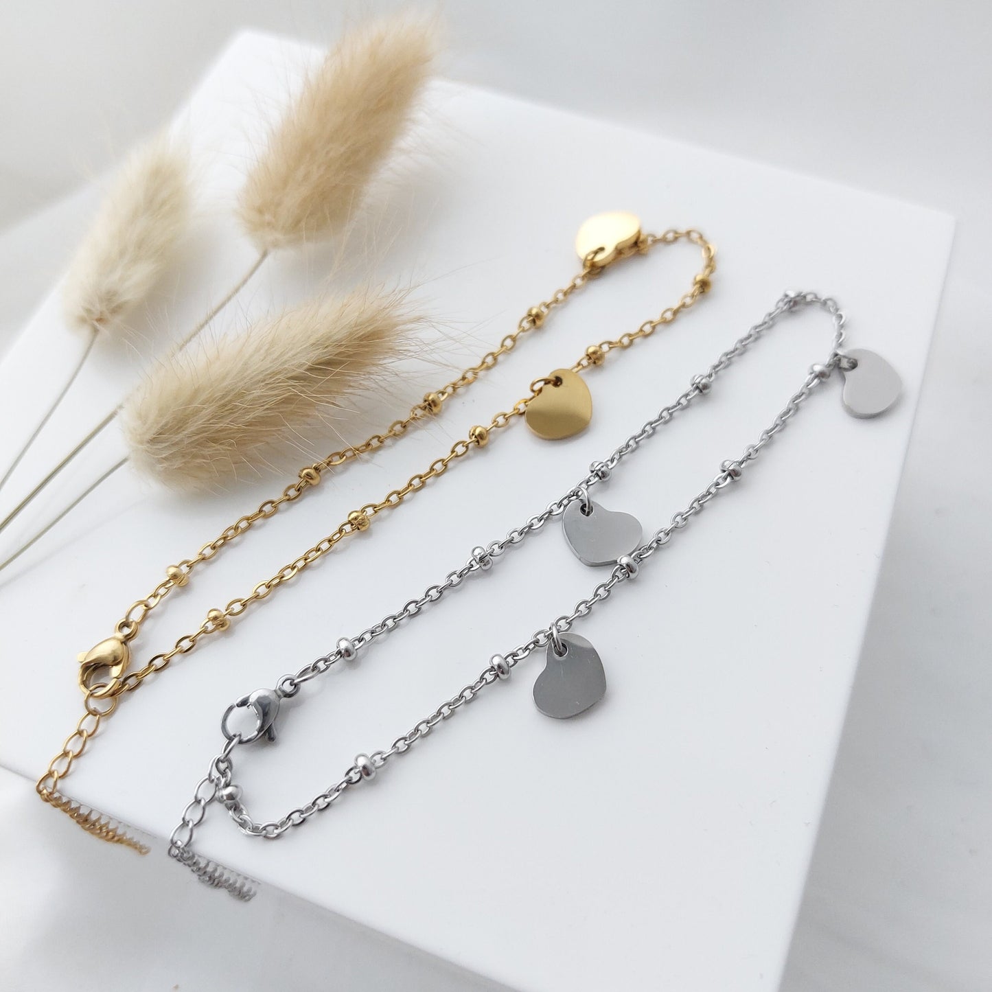 Fußkettchen in Gold,Silber&Rosé aus Edelstahl mit Herz Anhänger, personalisierte Fußkette, Fußkettchen Silber/Gold personalisiert, Geschenk