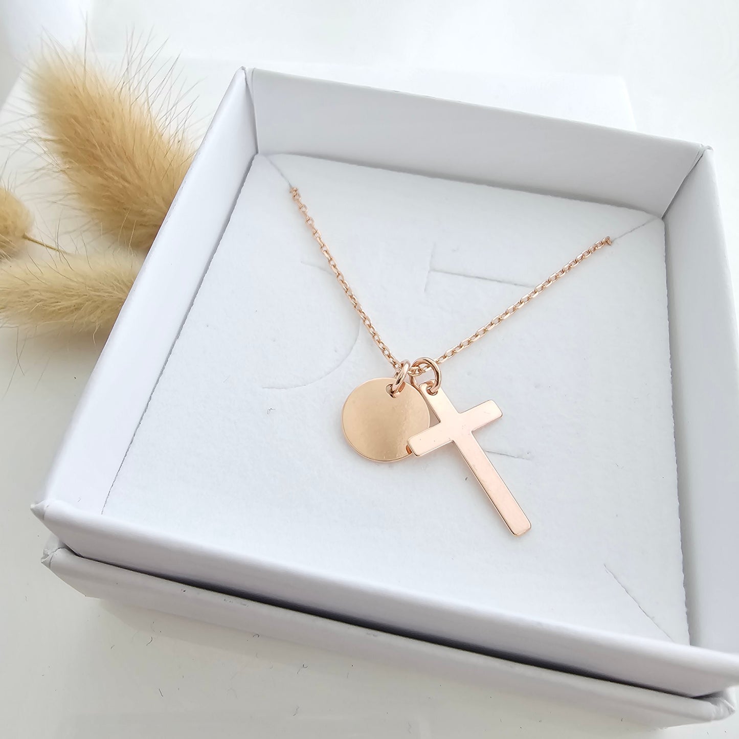 Personalisierte Kreuz Kette mit Gravur Plättchen Anhänger in Gold,Silber,Rosé aus 925 Sterling Silber,Geschenk Taufe, Konfirmation,Hochzeit