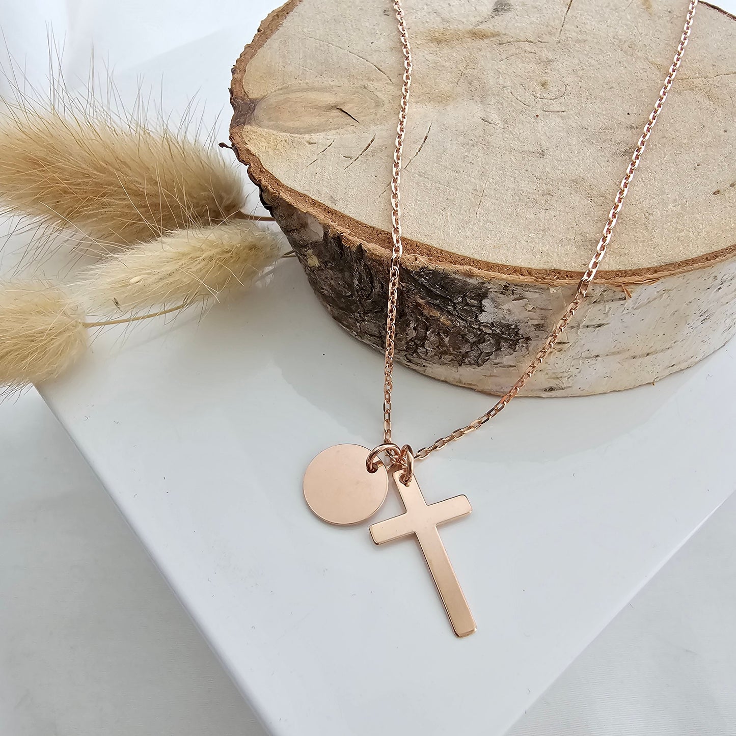 Personalisierte Kreuz Kette mit Gravur Plättchen Anhänger in Gold,Silber,Rosé aus 925 Sterling Silber,Geschenk Taufe, Konfirmation,Hochzeit