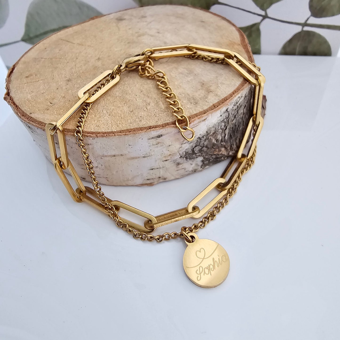 Grobes Gliederarmband Set|filigranes Armkettchen Buchstaben Anhänger|Armband Gravur Plättchen Gold, Silber, Rosé|personalisiertes Geschenk