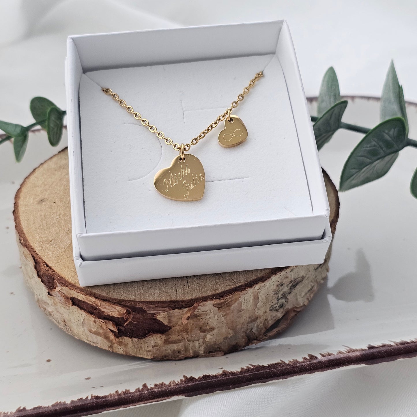 Personalisierte Herz Kette mit 15mm u. 10mm Gravur Anhänger in Gold,Silber,Rosé, Halskette mit Namen, Geschenk Mama, Weihnachtsgeschenk Frau