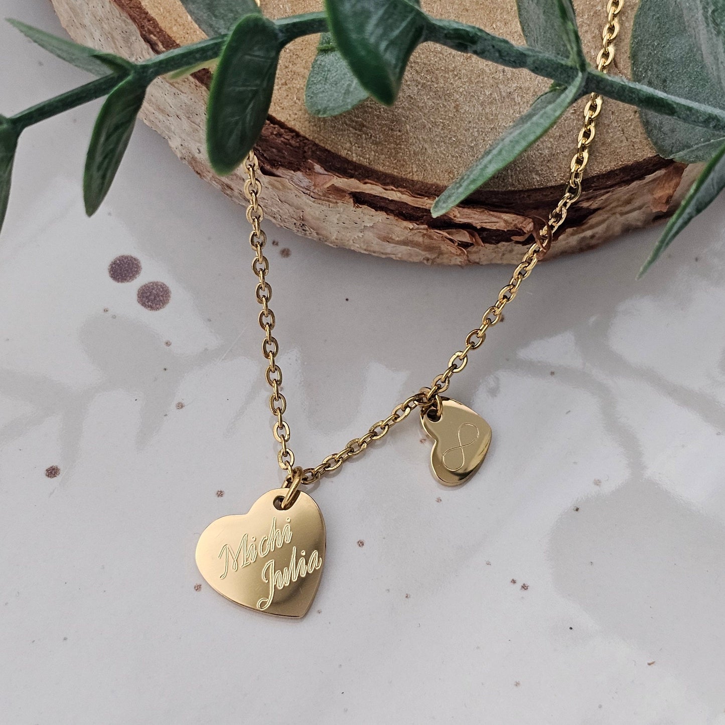 Personalisierte Herz Kette mit 15mm u. 10mm Gravur Anhänger in Gold,Silber,Rosé, Halskette mit Namen, Geschenk Mama, Weihnachtsgeschenk Frau