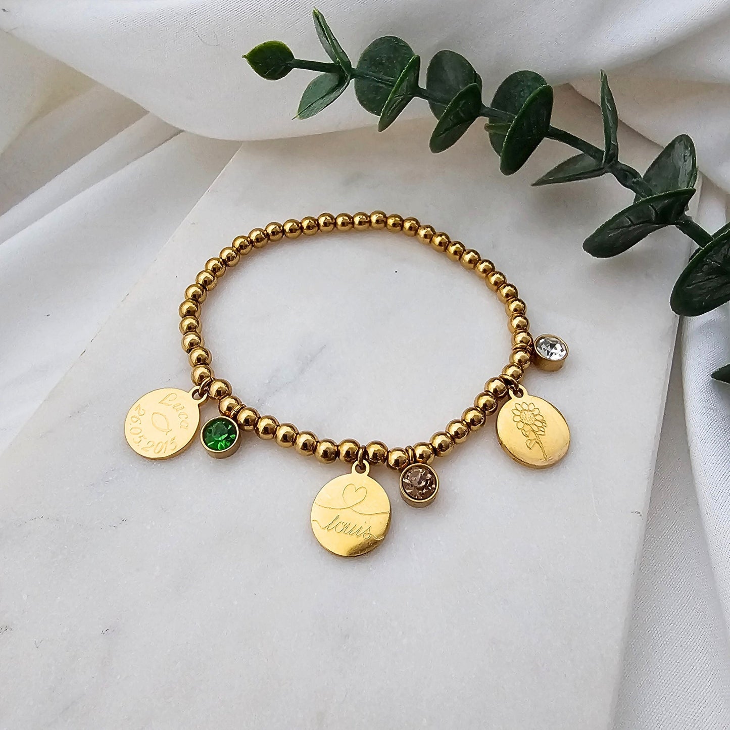 Perlenarmband personalisiert mit Gummizug und Gravur | Armband mit Geburtsstein | Kugelarmband Gold Silber | personalisierte Geschenke