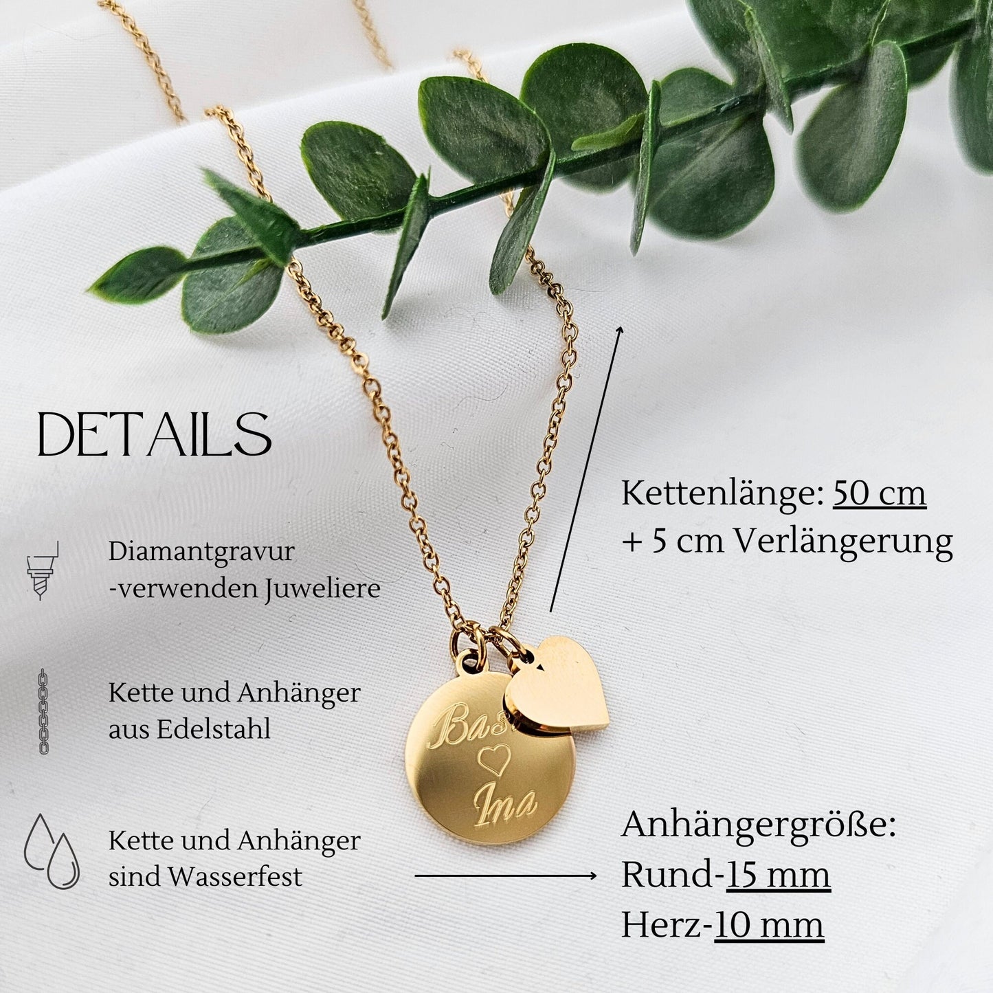 Personalisierte Herz Kette mit Gravur Plättchen Anhänger in Gold, Silber, Rosé, Buchstaben Kette gold, personalisiertes Geschenk Mama