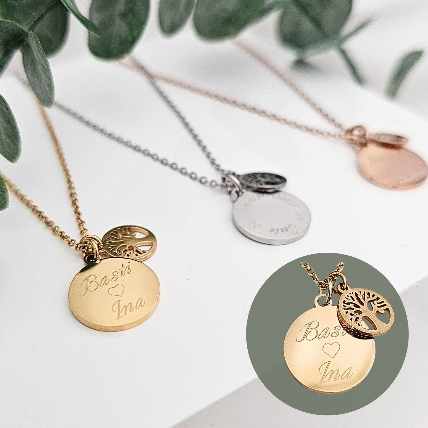 Lebensbaum Kette mit Gravur Anhänger, Buchstaben Kette, personalisiertes Geschenk, Namenskette, Lebensbaum Kette Gold, Silber, Rosé