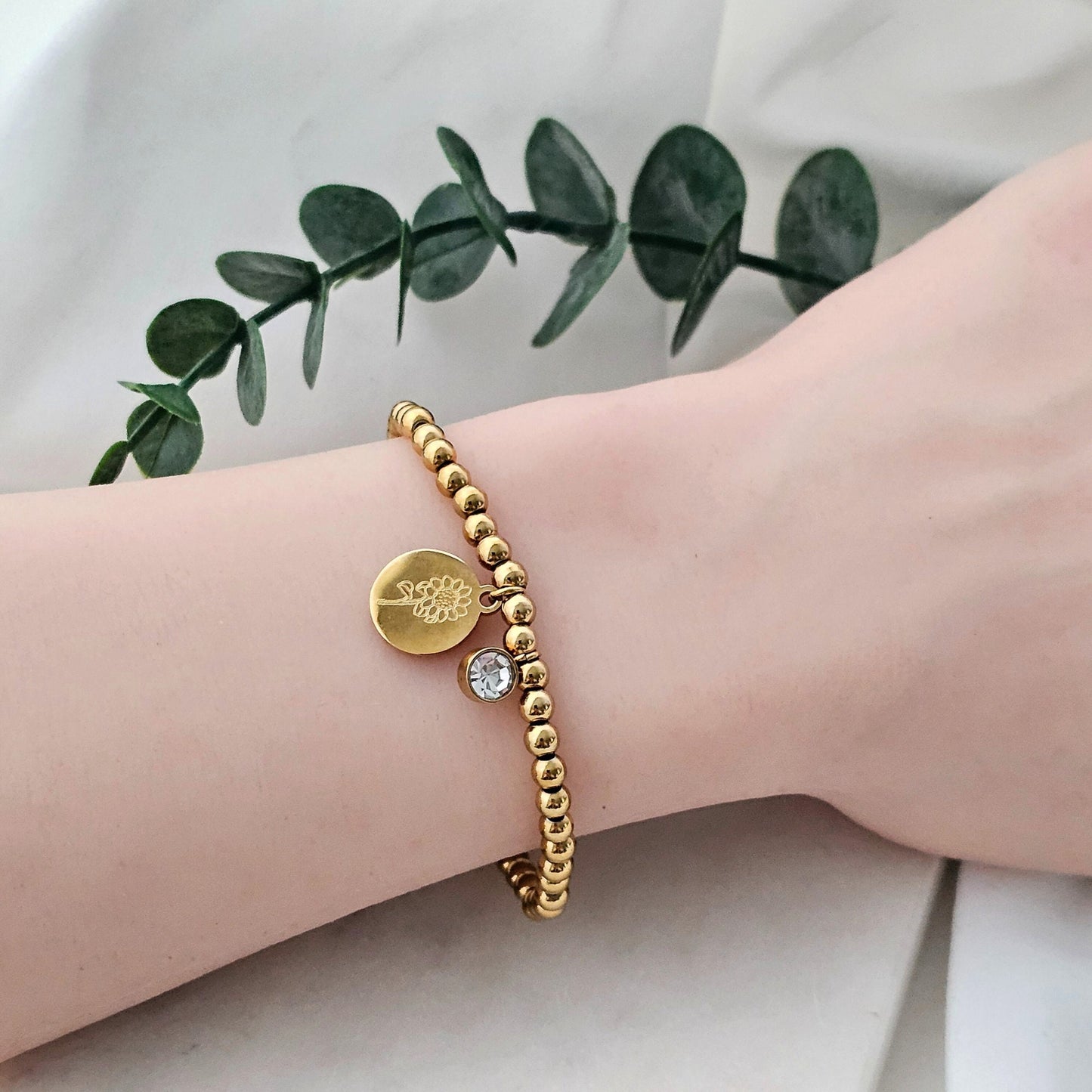Perlenarmband personalisiert mit Gummizug und Gravur | Armband mit Geburtsstein | Kugelarmband Gold Silber | personalisierte Geschenke
