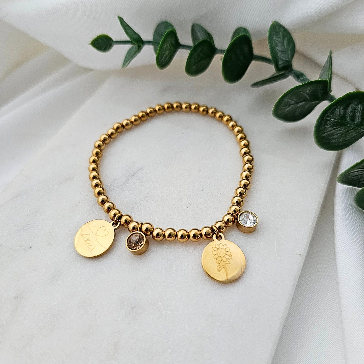 Perlenarmband personalisiert mit Gummizug und Gravur | Armband mit Geburtsstein | Kugelarmband Gold Silber | personalisierte Geschenke