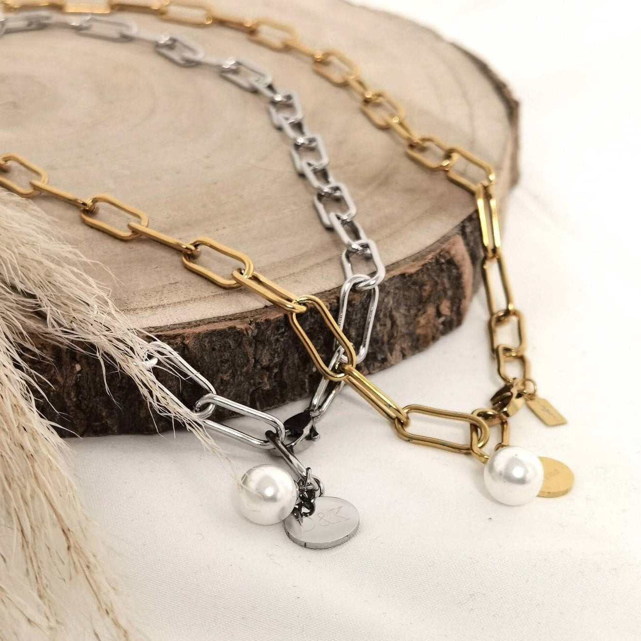 Grobe Gliederkette in Gold oder Silber aus Edelstahl mit einem Perlen Anhänger oder einem personalisierten Gravur Plättchen, Geschenk