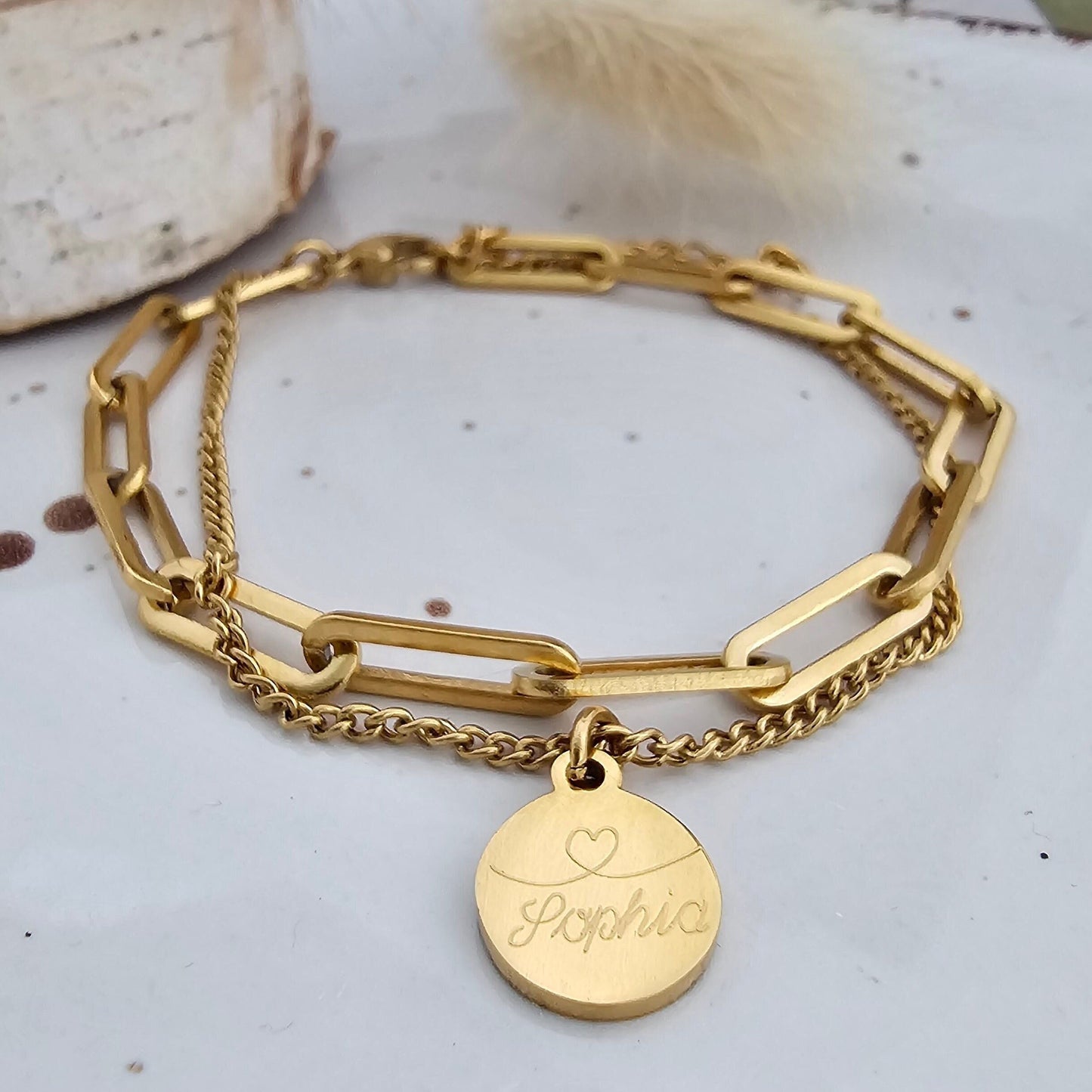 Grobes Gliederarmband Set|filigranes Armkettchen Buchstaben Anhänger|Armband Gravur Plättchen Gold, Silber, Rosé|personalisiertes Geschenk