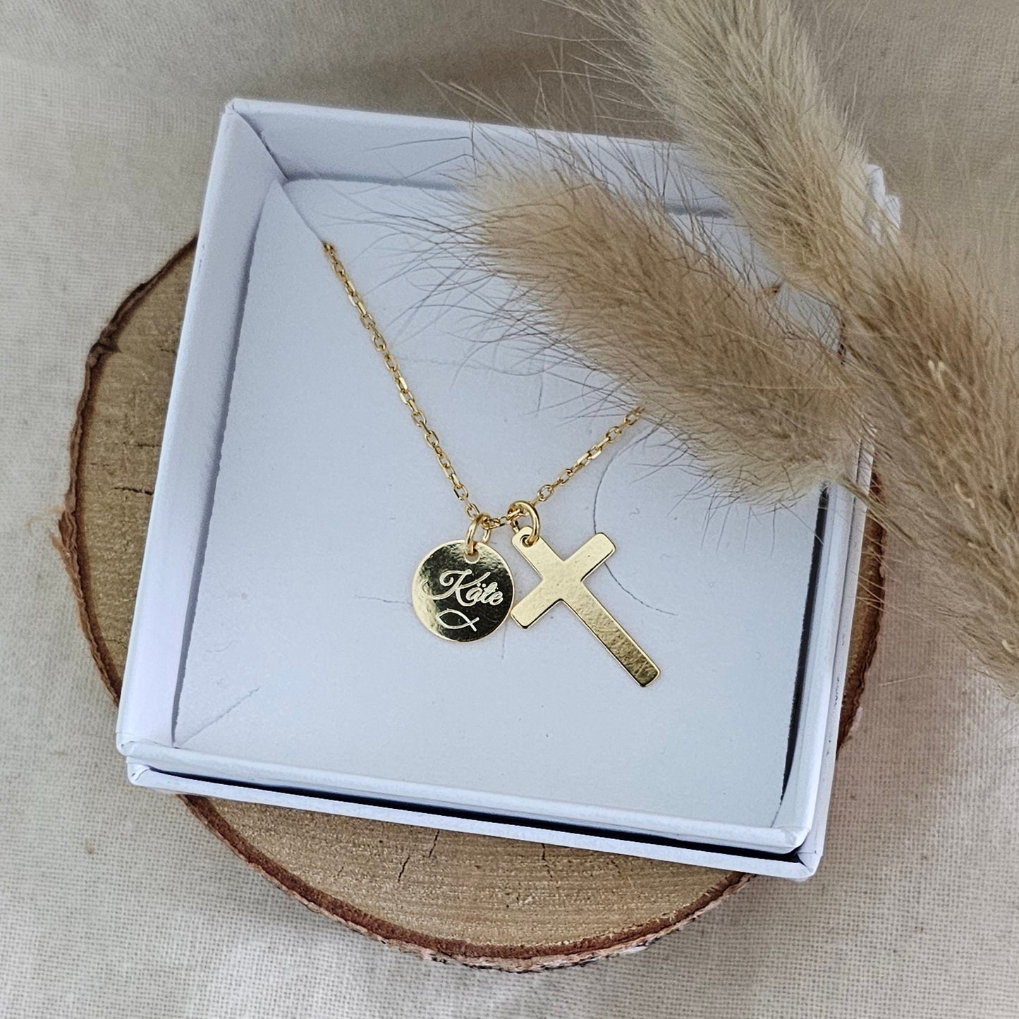 Personalisierte Kreuz Kette mit Gravur Plättchen Anhänger in Gold,Silber,Rosé aus 925 Sterling Silber,Geschenk Taufe, Konfirmation,Hochzeit