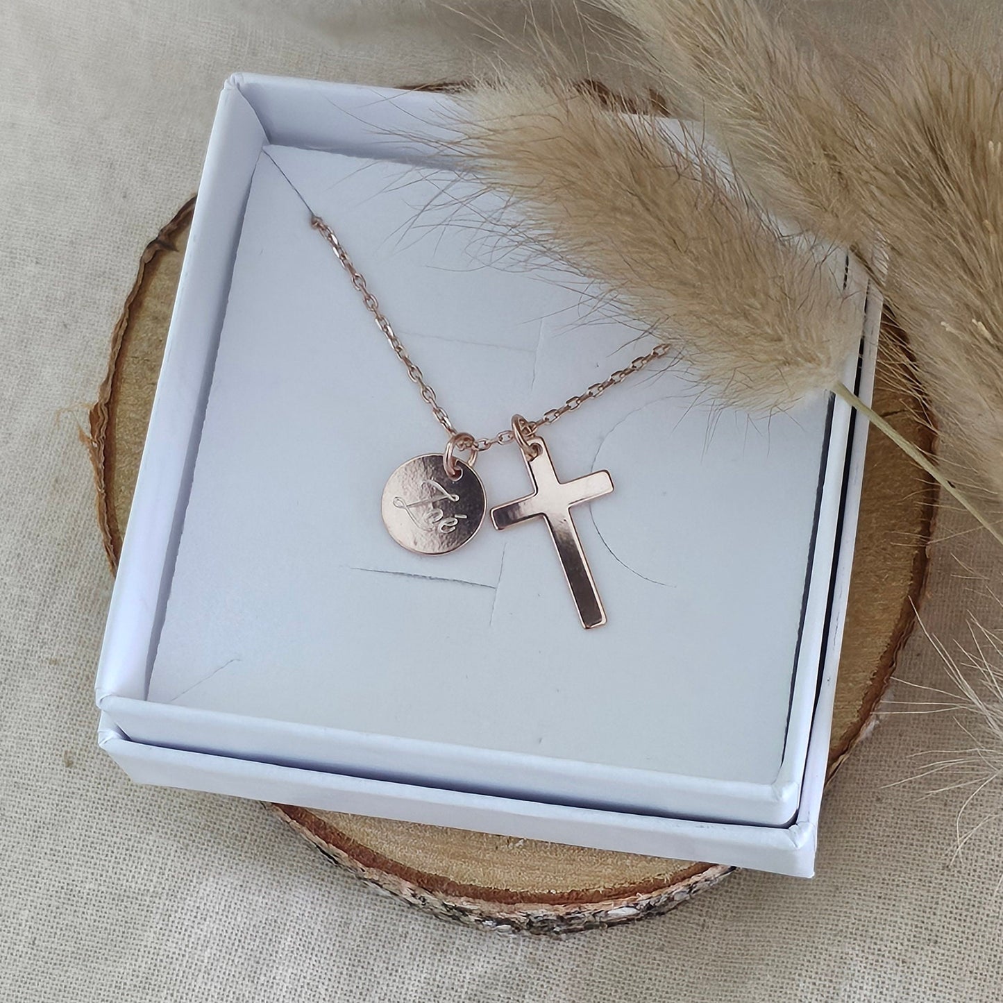 Personalisierte Kreuz Kette mit Gravur Plättchen Anhänger in Gold,Silber,Rosé aus 925 Sterling Silber,Geschenk Taufe, Konfirmation,Hochzeit