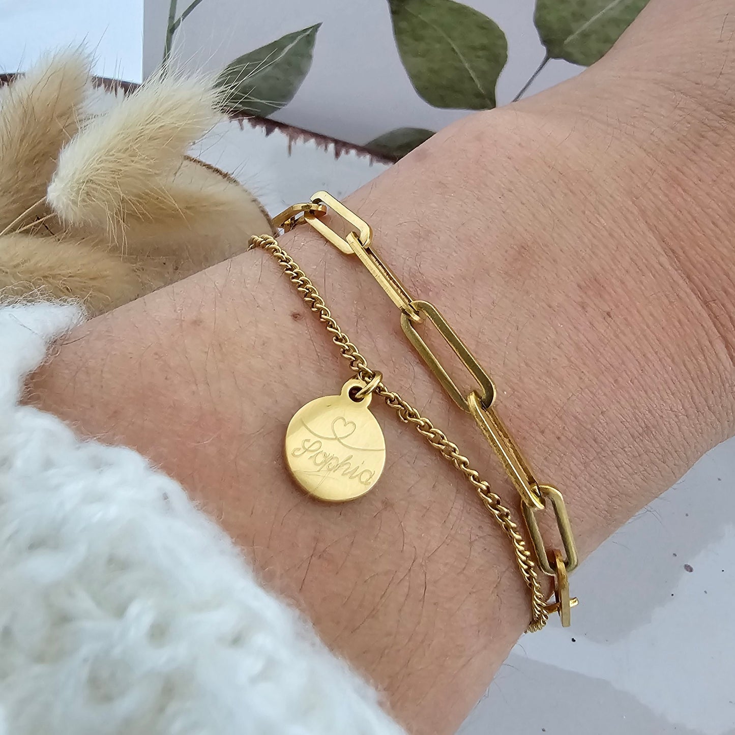 Grobes Gliederarmband Set|filigranes Armkettchen Buchstaben Anhänger|Armband Gravur Plättchen Gold, Silber, Rosé|personalisiertes Geschenk