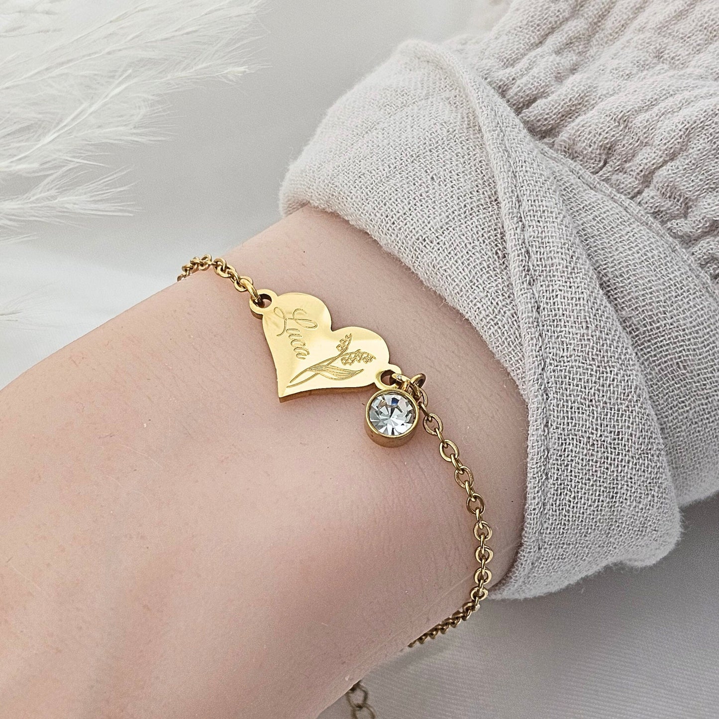 Herz Armband personalisiert mit Geburtsstein | Herzarmband mit Namen Silber,Gold,Rosé | Armkette mit Herz | personalisierte Geschenke
