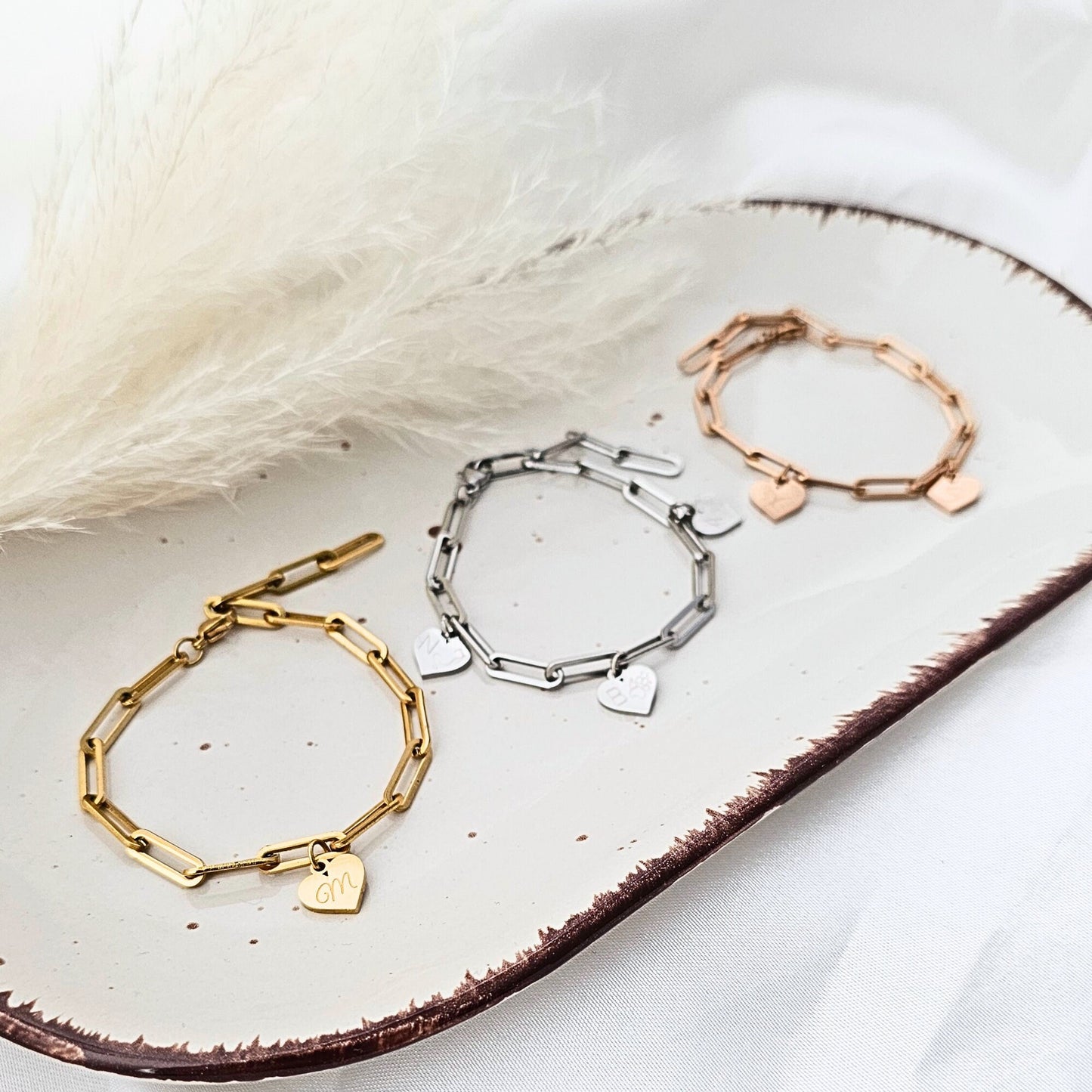 Herz Armband personalisiert in Gold, Silber, Rosé | gobes Armband mit Gravur Anhängern | personalisierte Geschenke | chunky Armband