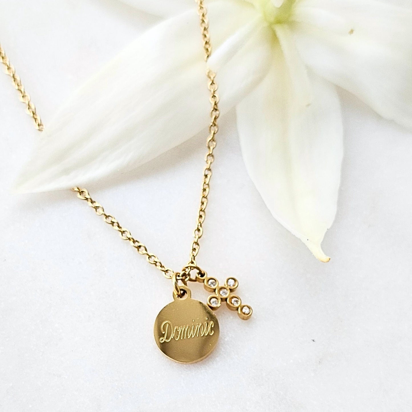 Taufkette mit Kreuz und Gravur Plättchen Anhänger, Gold oder Silber aus Edelstahl, personalisierte Geschenke, Kreuzkette, Namenskette