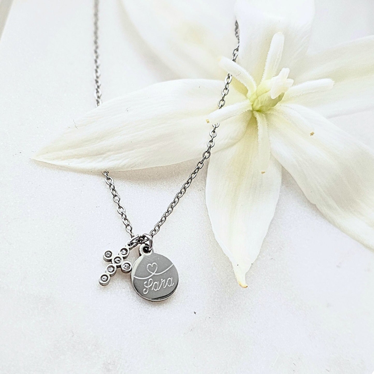 Taufkette mit Kreuz und Gravur Plättchen Anhänger, Gold oder Silber aus Edelstahl, personalisierte Geschenke, Kreuzkette, Namenskette
