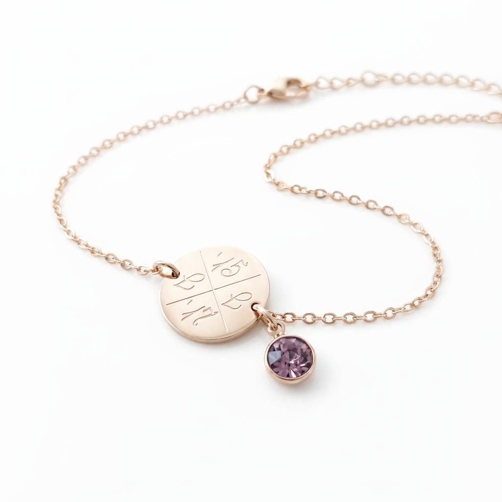 inaklam Luxus Damen Armband: 18k vergoldeter Edelstahl mit Gravur und lila Stein.