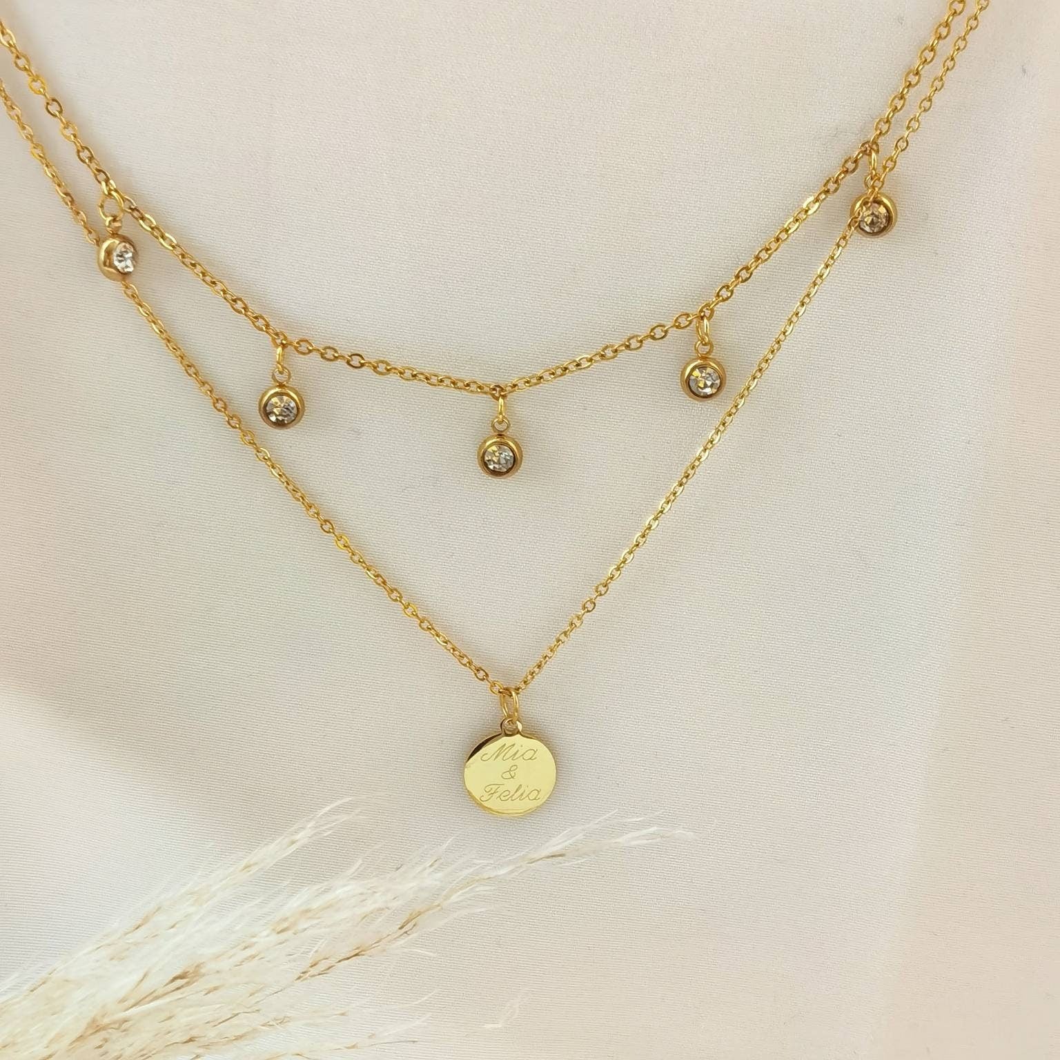 Mehrreihige Gravur Kette mit Zirkonia Anhänger in Gold & Silber aus Edelstahl *Halskette mit Buchstaben Plättchen *personalisiertes Geschenk