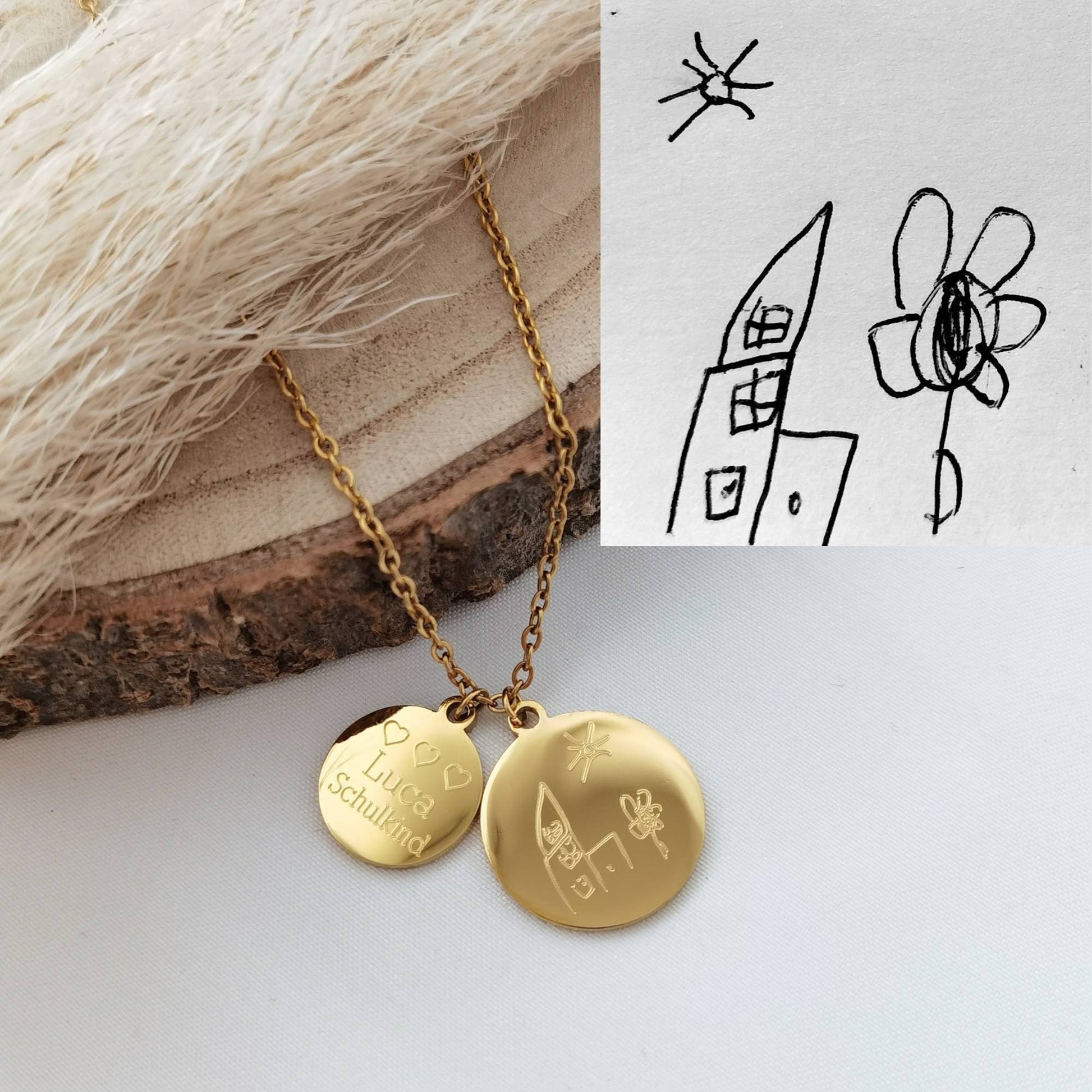 Personalisierte Kette mit gravierter Kinderzeichnung, Gravur Plättchen in Gold, Silber oder Rosé, personalisiertes Geschenk Mama