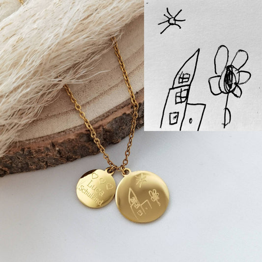 Personalisierte Kette mit gravierter Kinderzeichnung, Gravur Plättchen in Gold, Silber oder Rosé, personalisiertes Geschenk Mama