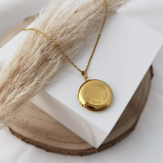 Amulett Kette mit Gravur zum öffnen für Fotos in Silber, Rosé oder Gold aus Edelstahl. Medaillon aufklappbar 25mm, Geschenk personalisiert