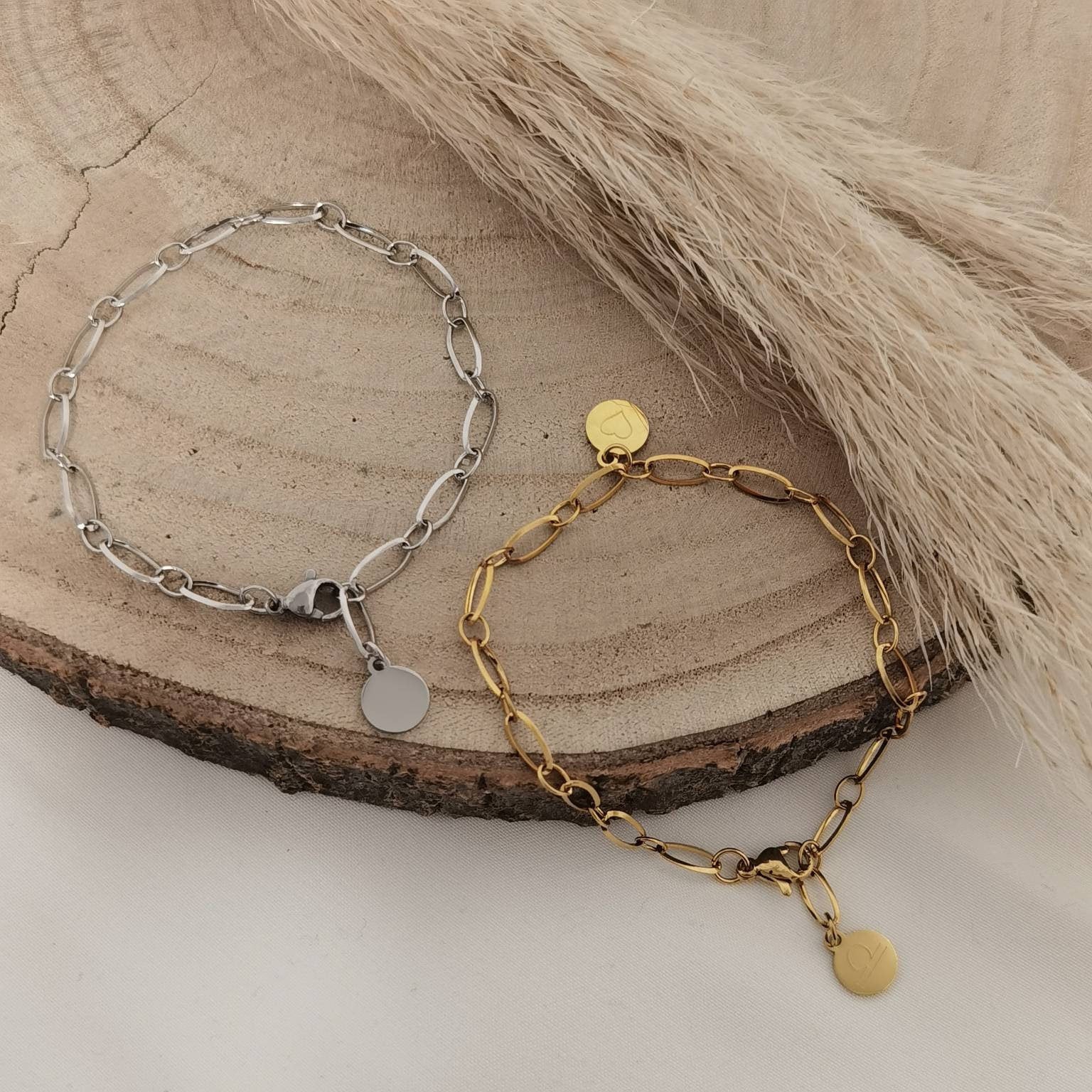 Grobes Glieder Armband Gold + Silber Edelstahl mit personalisiertem Gravur Plättchen,Armkette personalisierbar mit Buchstaben als Geschenk