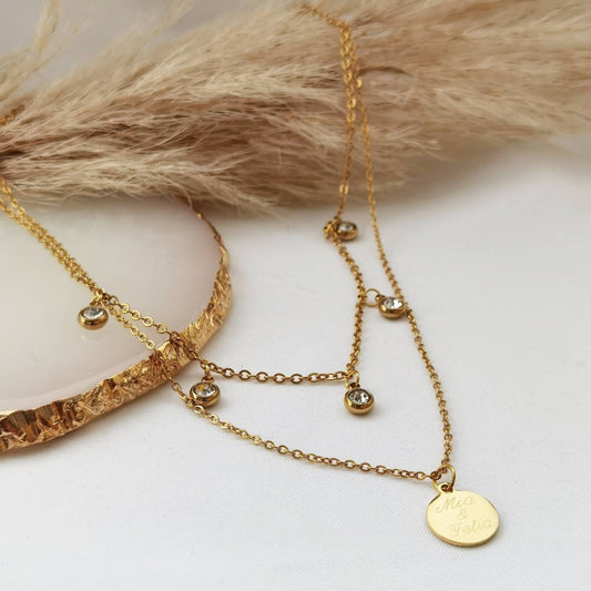 Mehrreihige Gravur Kette mit Zirkonia Anhänger in Gold & Silber aus Edelstahl *Halskette mit Buchstaben Plättchen *personalisiertes Geschenk