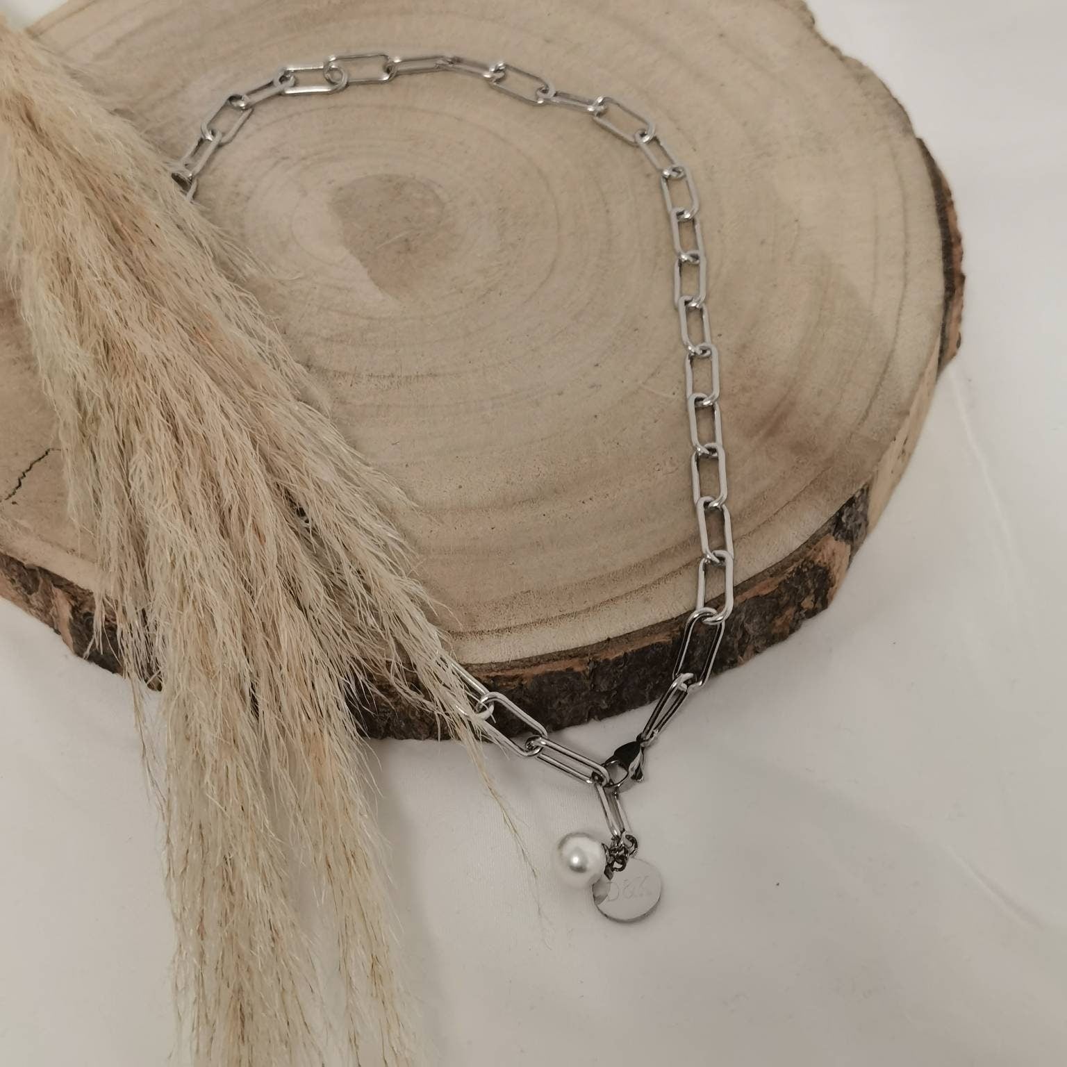 Grobe Gliederkette in Gold oder Silber aus Edelstahl mit einem Perlen Anhänger oder einem personalisierten Gravur Plättchen, Geschenk