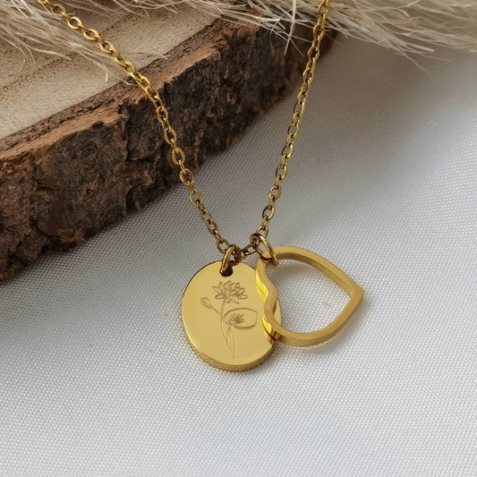 Herz Kette mit ovalem Gravur Plättchen personalisiert in Gold,Silber,Rosé|Personalisierte Geburtsblumen Kette|Weihnachtsgeschenk Frau